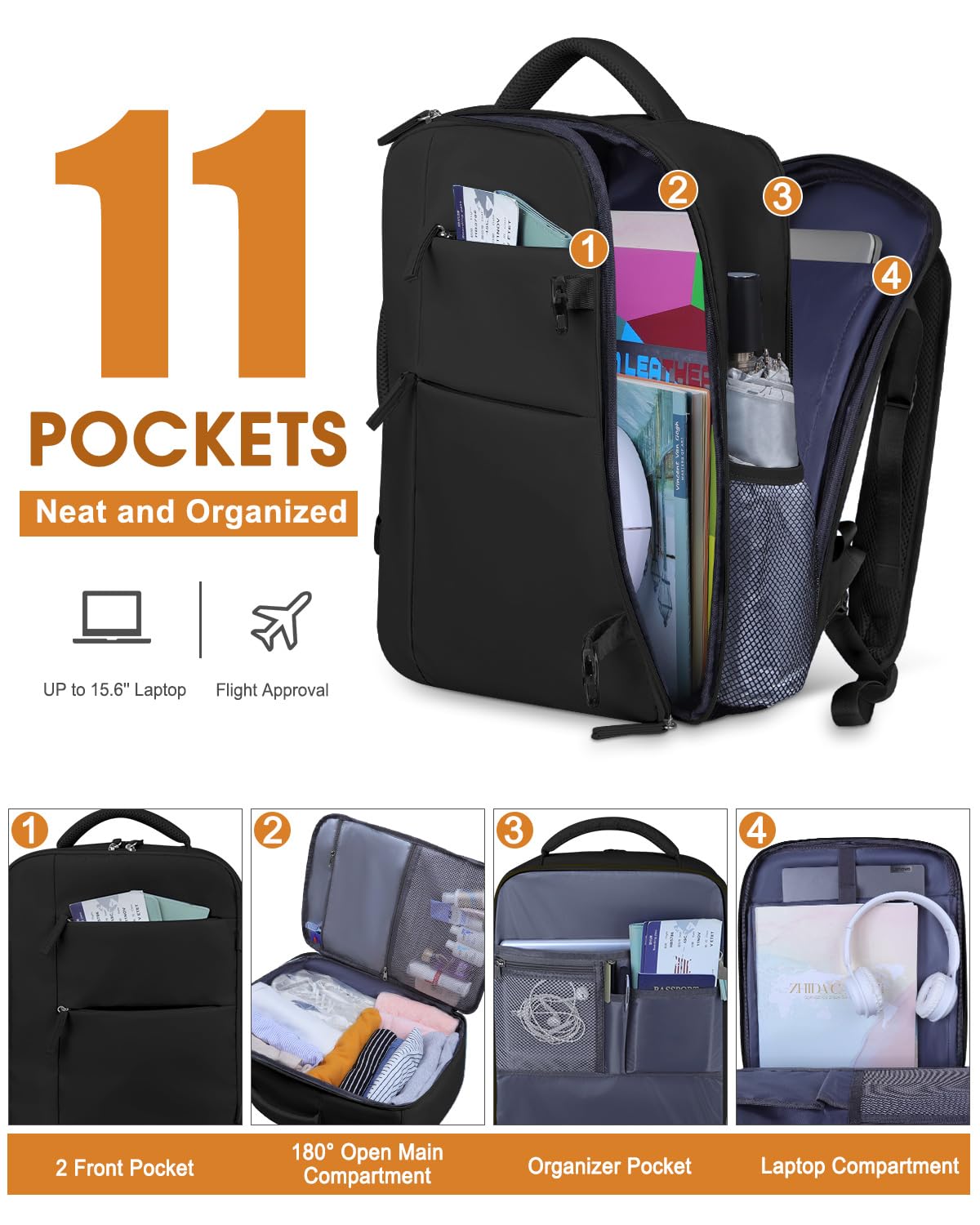Waterproof Travel Backpack for Women & Men - Airline Approved Carry On Laptop Backpack Fits 15.6 Inch Computer - Business Work Bookbag with Black Zipper - Perfect for Commuting, Business Trips & Weekend Getaways