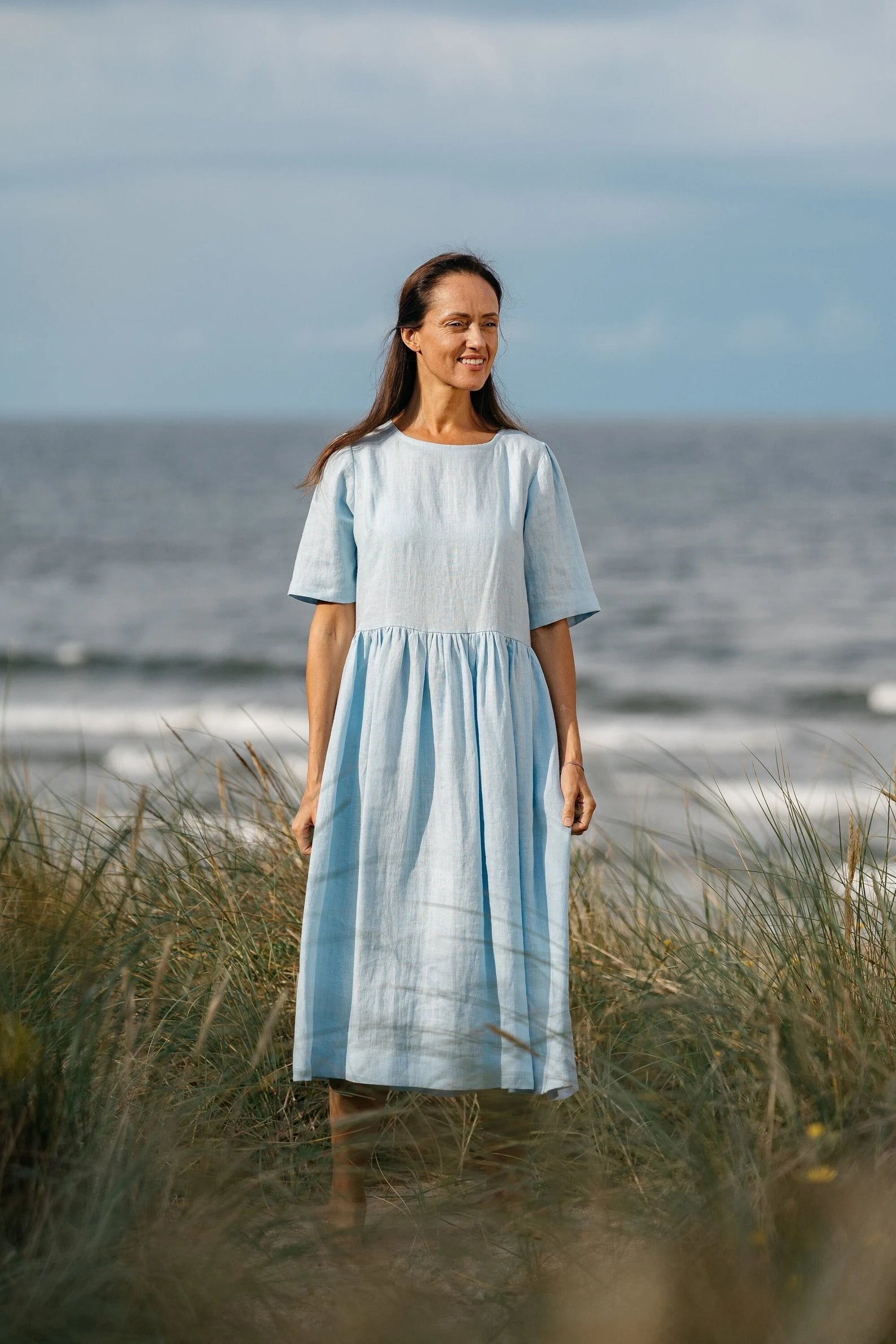 Linen Loose Dress in Sky Blue - Comfortable Summer Maxi Dress for Beach, Vacation & Casual Wear
