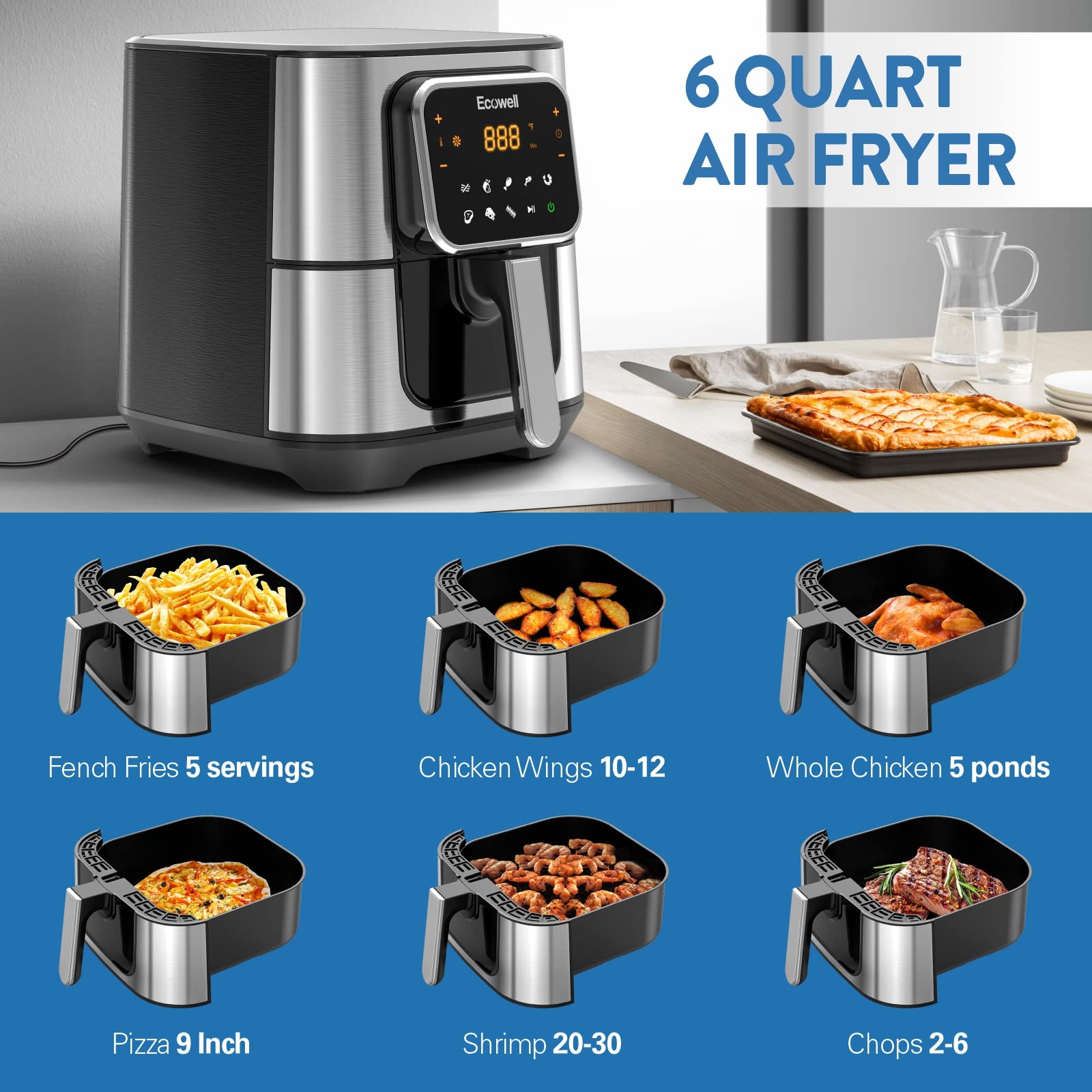 ECOWELL TXS5T2 6 Quart Large Air Fryer - Stainless Steel, 1700W, 8 Presets, Digital Touch Screen, BPA-Free, Nonstick & Dishwasher-Safe - Perfect for Family Cooking (3-5 People) - Healthy Meals, Snacks & Quick Dinners - Black