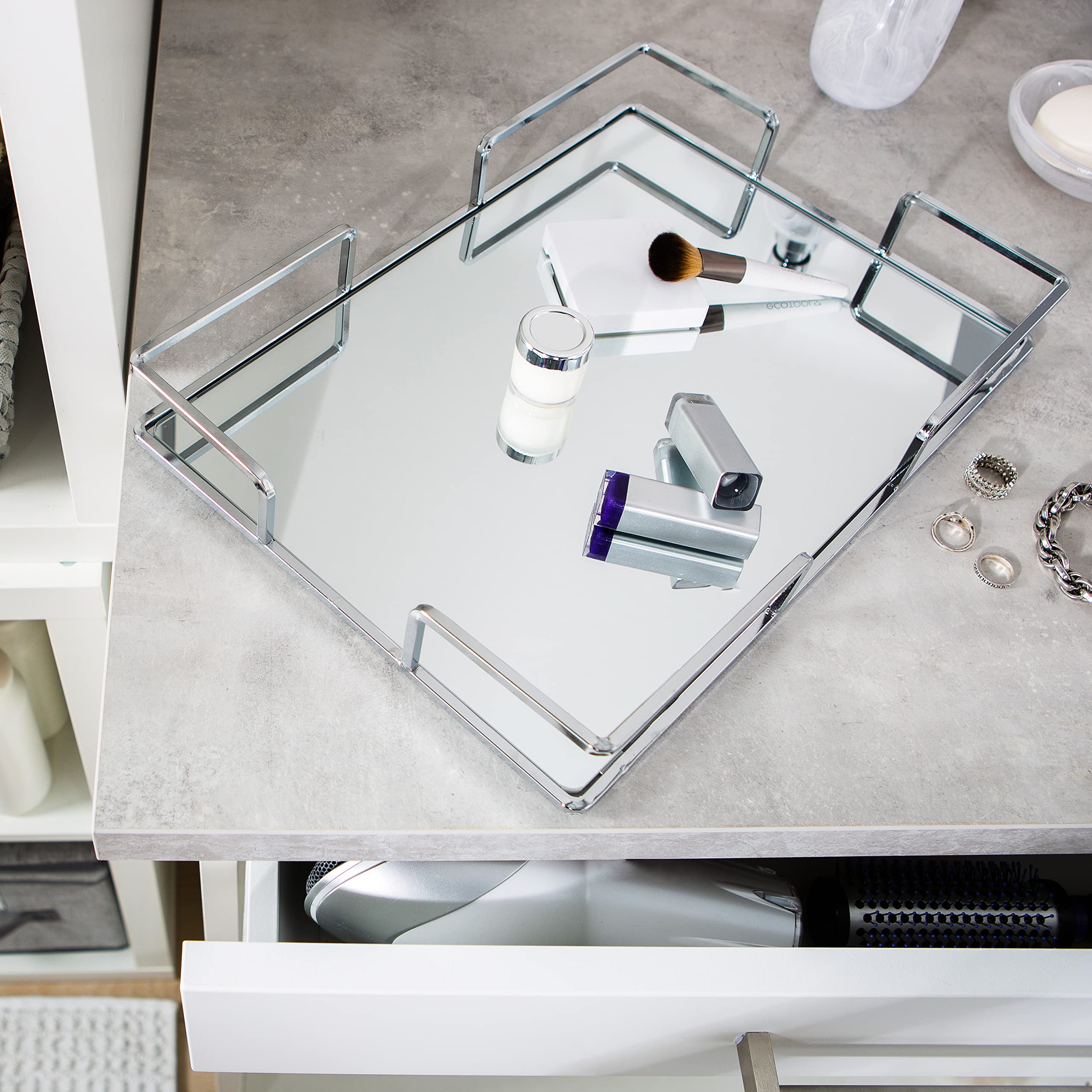 Modern Square Vanity Tray - Chrome Jewelry & Cosmetic Organizer for Dresser, Desk, Perfume Display - Decorative Storage Solution for Home, Bathroom & Bedroom - 1 Pack