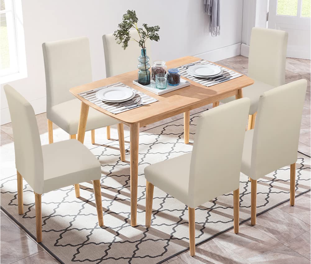 Stretch Spandex Dining Chair Covers - Washable & Removable Parson Chair Slipcovers for Kitchen, Dining Room & Office - Beige Light (Set of 6) - Protect & Decorate Your Chairs