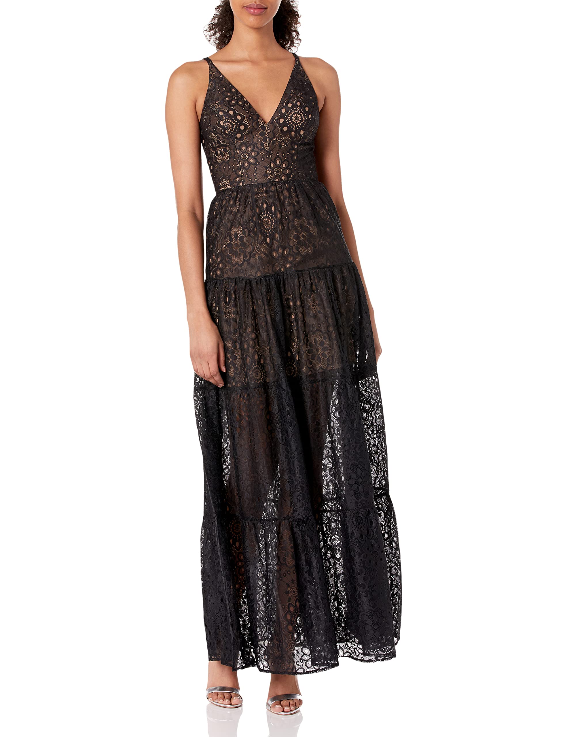 Dress the Population Women's Melina Sleeveless Plunge Neckline Fit & Flare Maxi Dress | Elegant Formal Gown for Weddings, Parties & Special Occasions