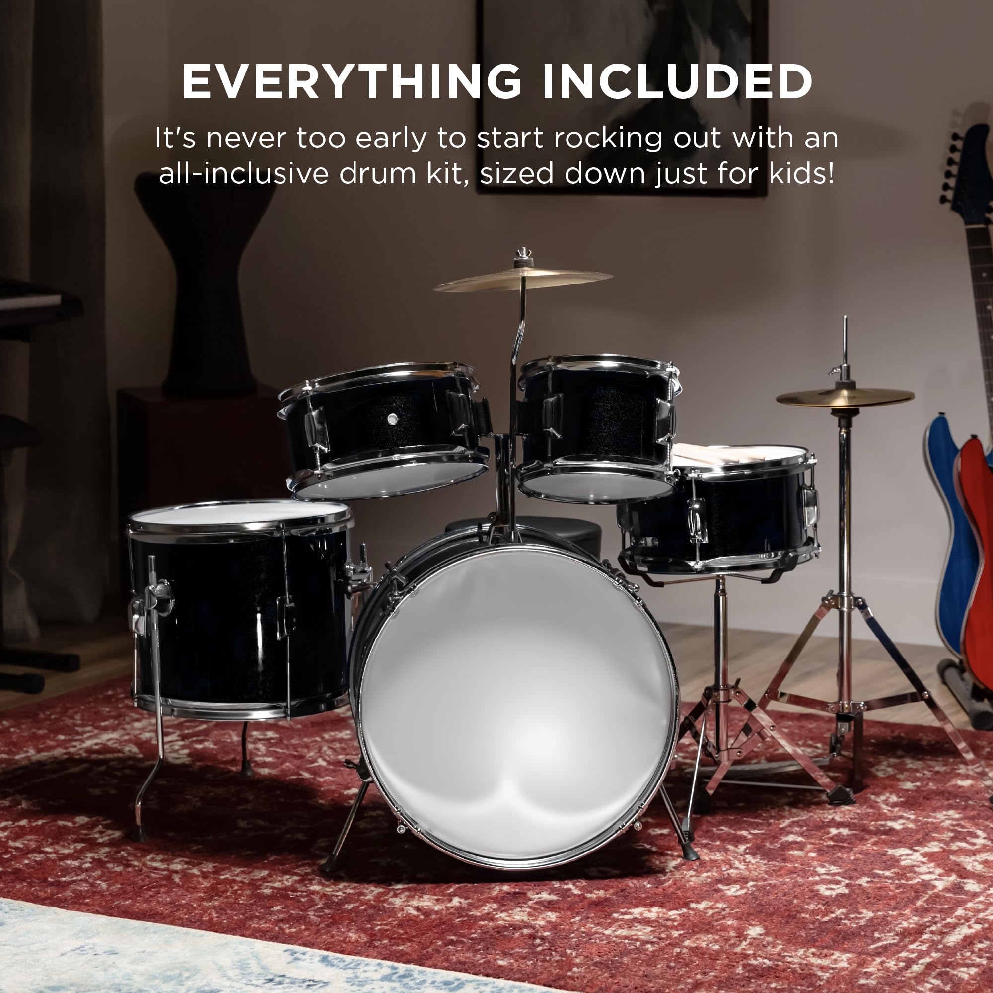 Best Choice Products 5-Piece 16in Kids Drum Set - Junior Drum Kit with Cymbals, Pedal, Drumsticks, Stool, Toms, Snare & Hi-Hat - Perfect Beginner Percussion Set for Children (Black) | Ideal for Home Practice, Music Lessons & Early Childhood Development