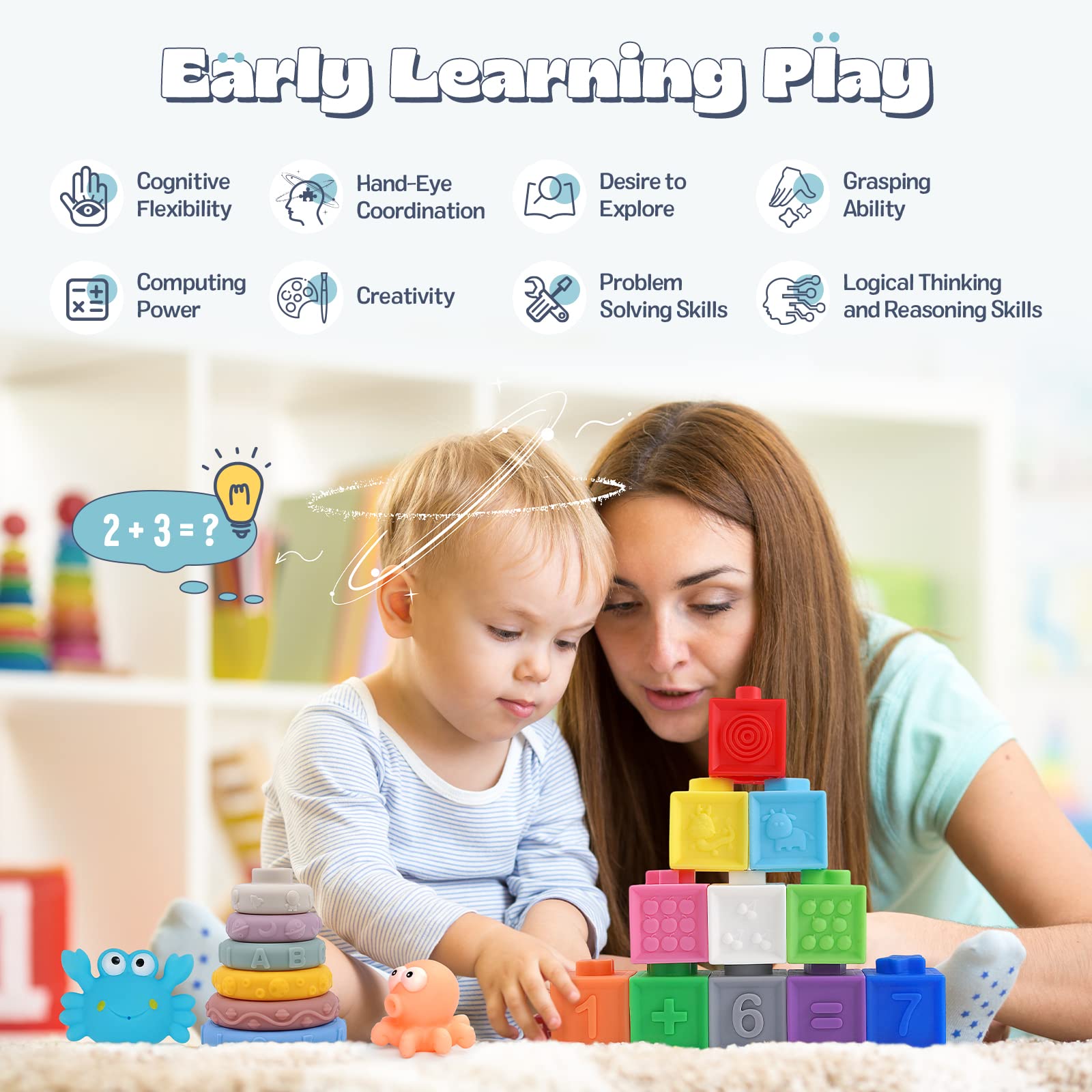 **ADFO 5-in-1 Montessori Baby Toys for 6-18 Months – 43PCS Educational Sensory Toys for 1, 2, 3 Year Olds – Soft Stacking Blocks, Shape Sorter & Teething Bath Toys – Perfect for Playtime, Learning & Travel**