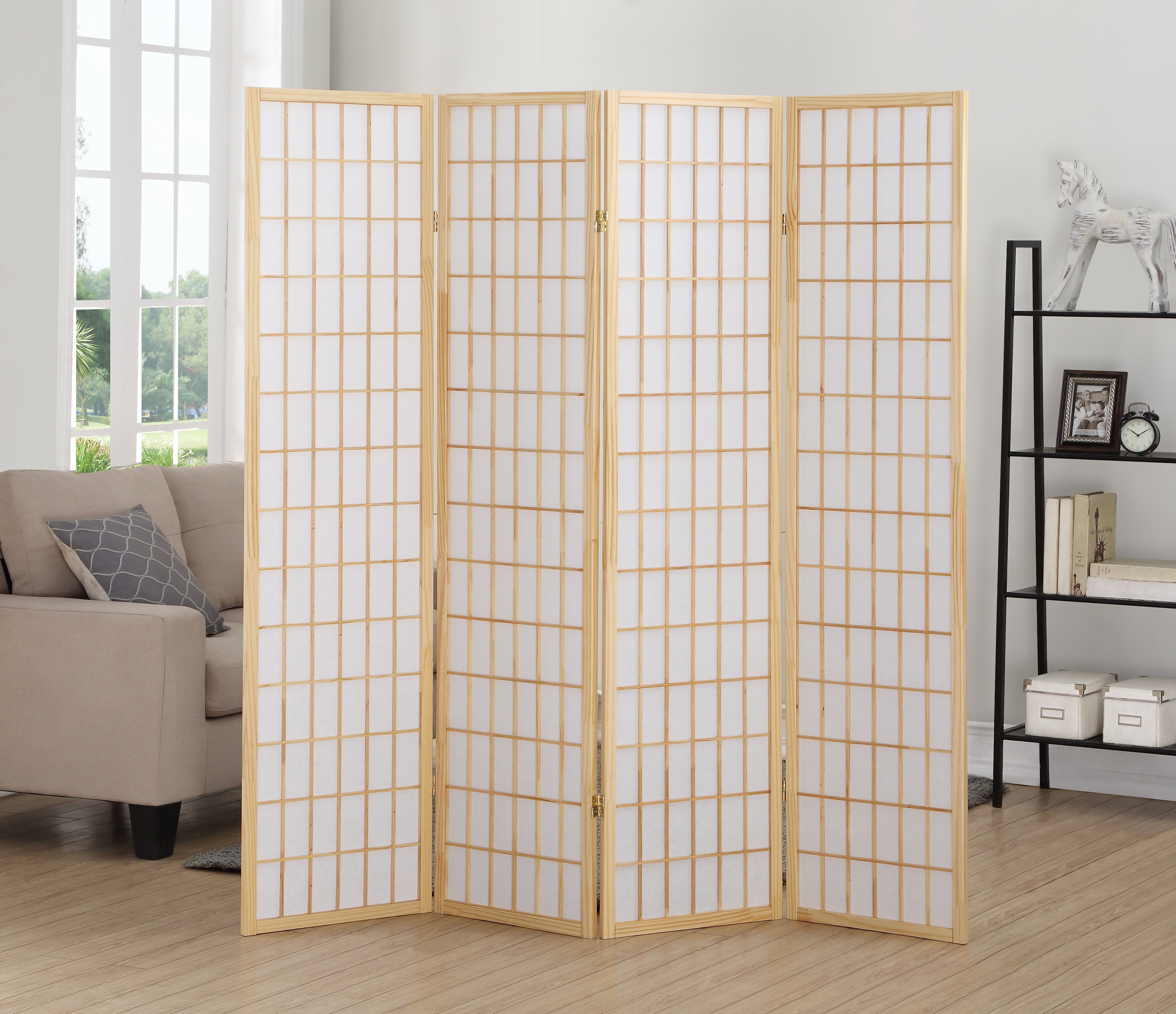 Roundhill Furniture 4-Panel Oriental Shoji Screen Room Divider - Natural Bamboo & Rice Paper Folding Partition for Home Decor, Office Space, Meditation Room, and Asian-Themed Interior Design
