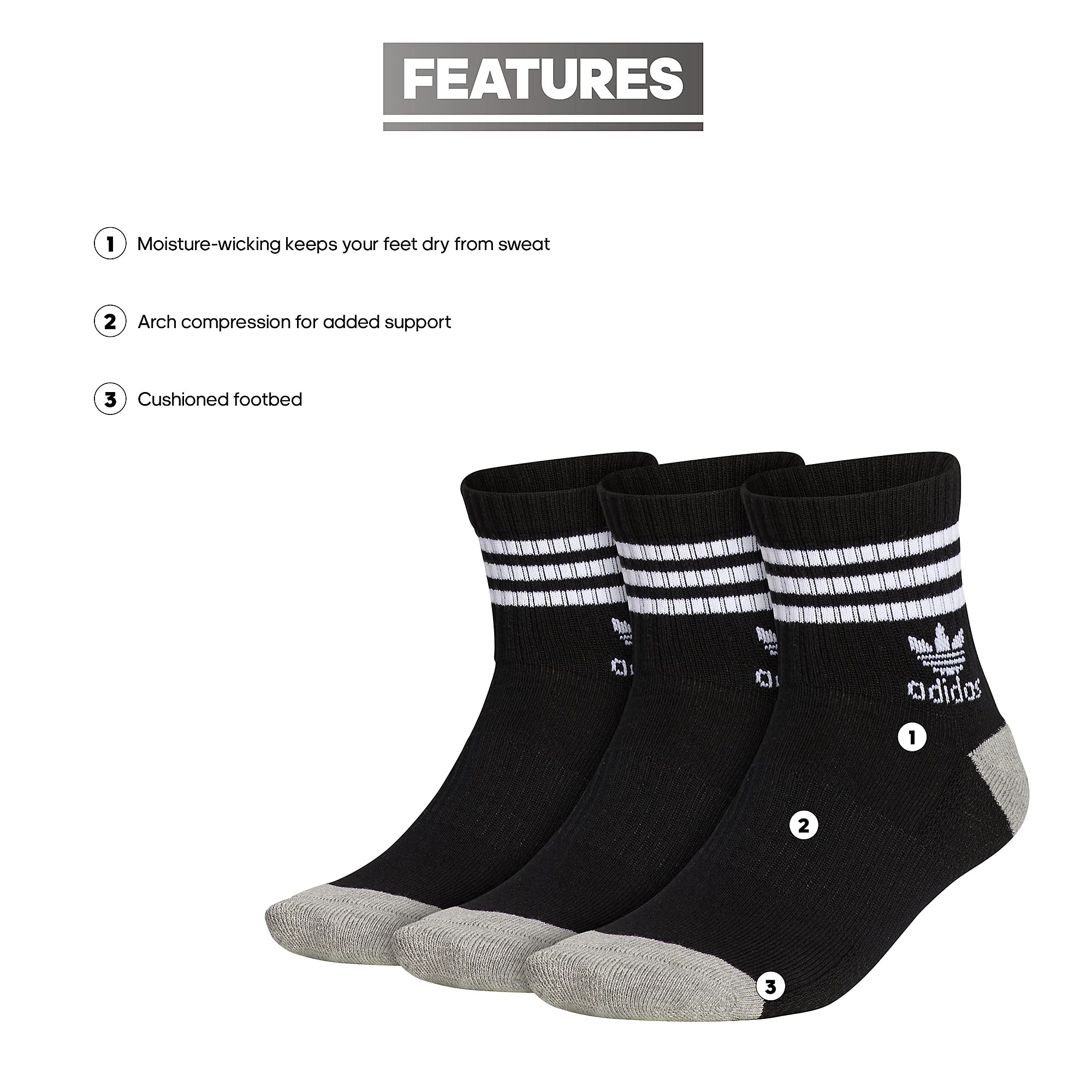 adidas Originals Men's Roller High Quarter Socks 3-Pack - Breathable Athletic Socks for Running, Basketball & Casual Wear - Black/White/Gray