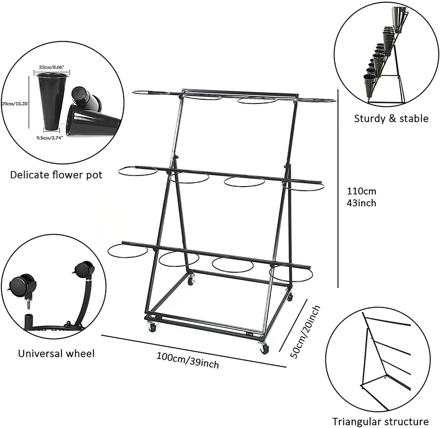 3-Tier Metal Flower Display Stand with 12 Plastic Buckets & 4 Universal Wheels - Black Rolling Florist Cart for Bouquet Arrangement | Perfect for Flower Shops, Wedding Decor & Event Displays