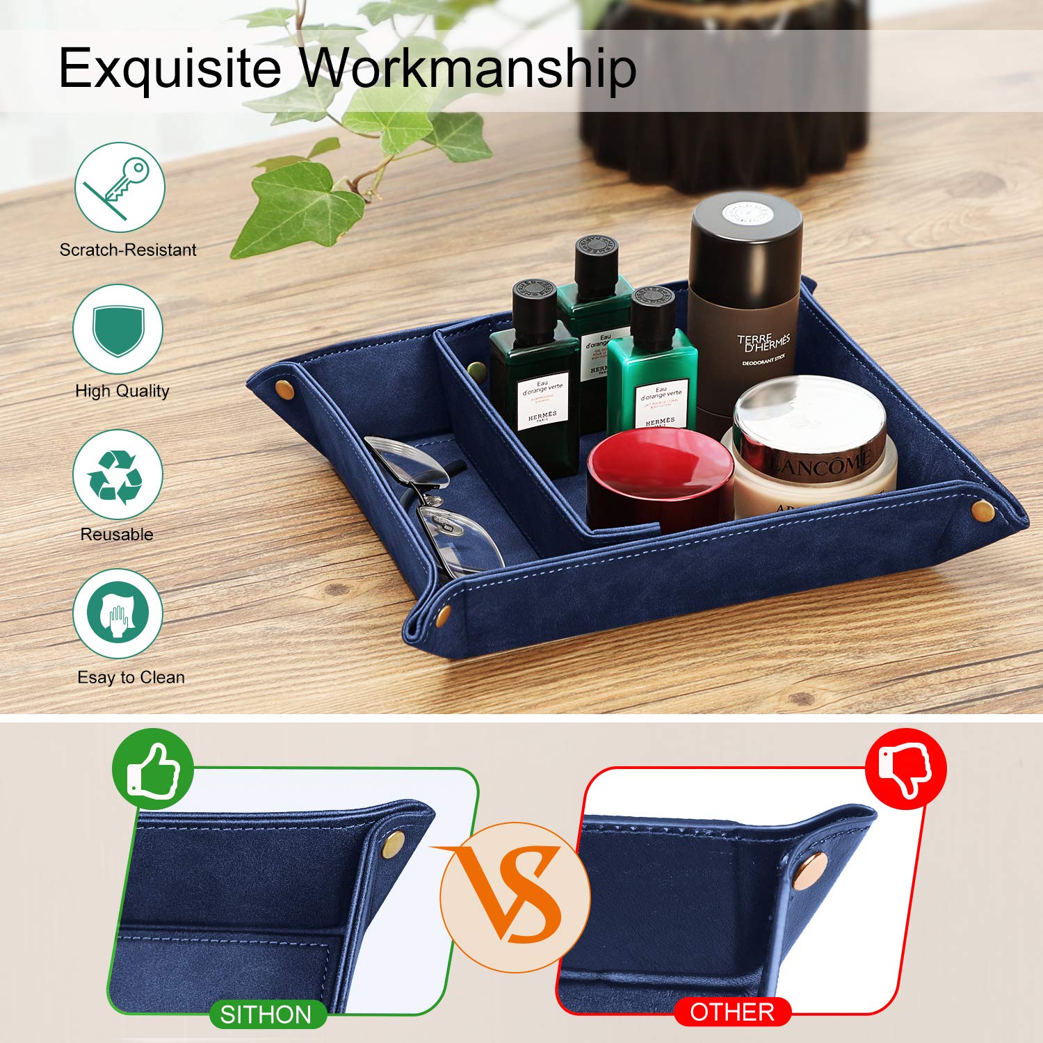 SITHON Valet Tray with Removable 2 Compartments - Dark Blue Desktop Organizer for Jewelry, Keys, Coins & Essentials | Perfect for Bedside, Vanity, Nightstand & Office Desk Storage
