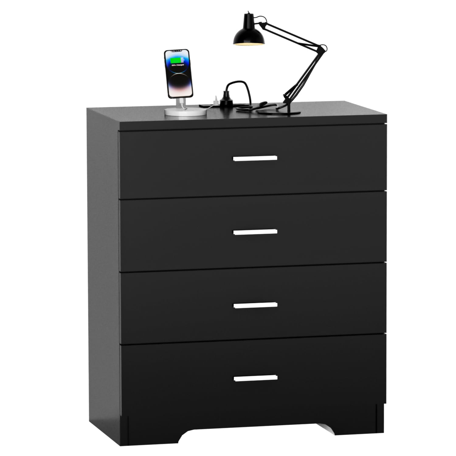 Modern Wooden 4-Drawer Dresser with Built-in Power Outlets, USB & Type C Ports - Tall Black Storage Chest for Bedroom, Living Room, Hallway or Closet Organization | Space-Saving Furniture with Charging Station