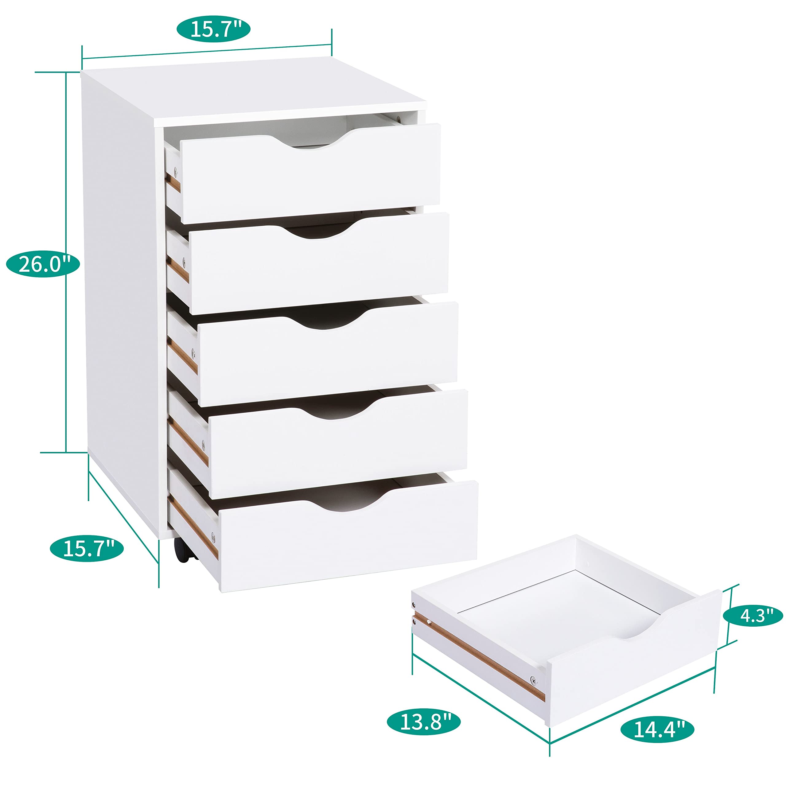 Naomi Home Office Wooden Lateral File Cabinet - 5 Drawer Mobile Storage Cabinet with Wheels, White - Perfect for Organizing Documents in Home Office, Study, or Workspace