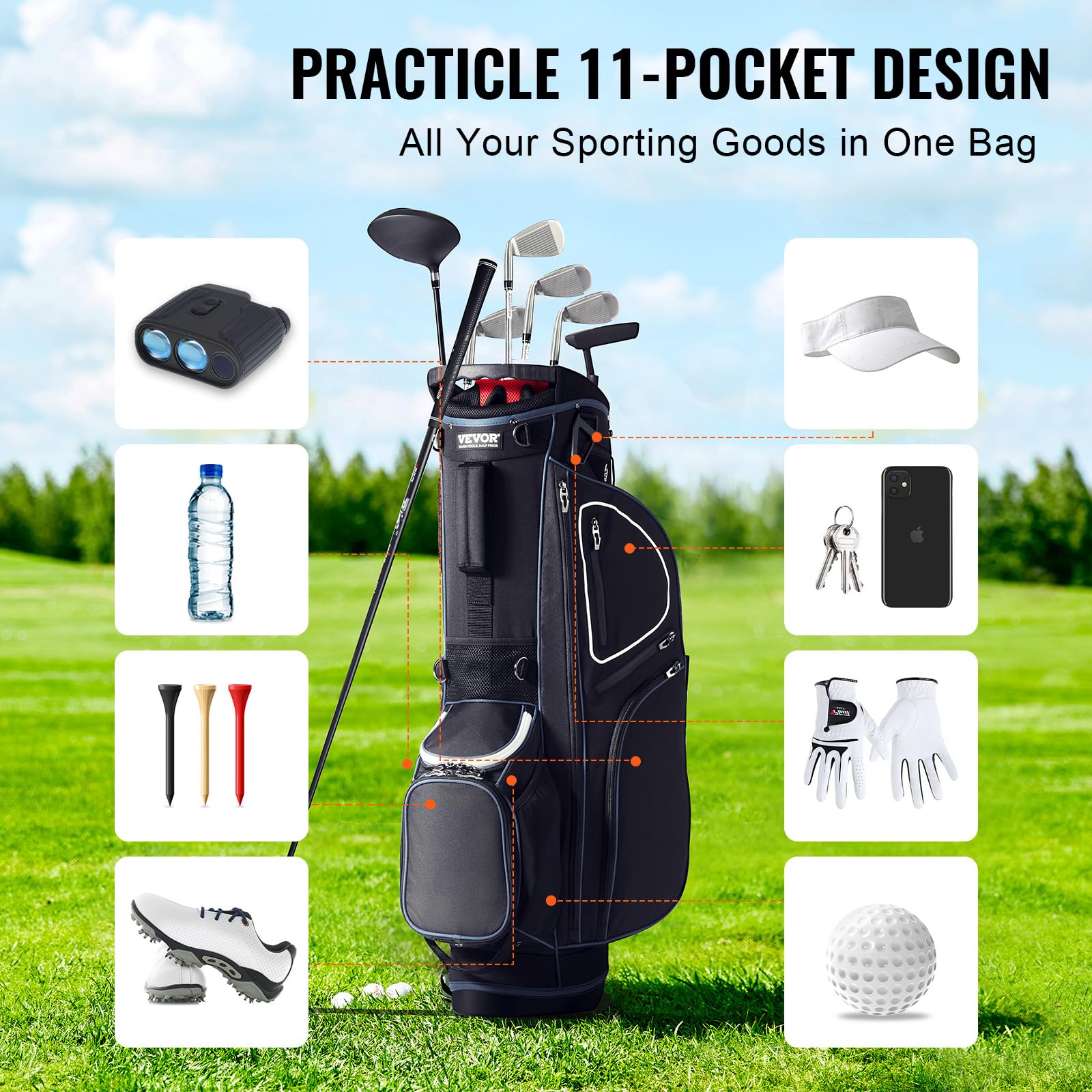 VEVOR Premium 14-Way Golf Cart Bag with Stand - Durable Golf Bag with Organizer Divider Top, Handles, Dust Cover & Detachable Dual Strap for Men & Women - Perfect for Club Storage & Course Transportation
