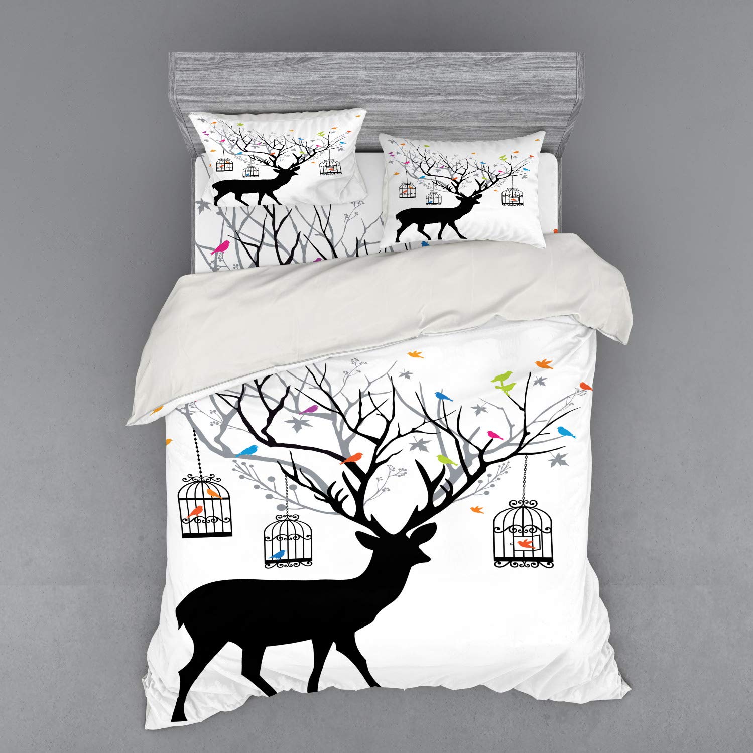 Ambesonne Vintage Antlers Duvet Cover Set - Queen Size 4-Piece Bedding with Deer, Colorful Birds & Birdcage Silhouette Print - Includes Shams & Fitted Sheet - Multicolor Bohemian Style for Cozy Bedroom Decor