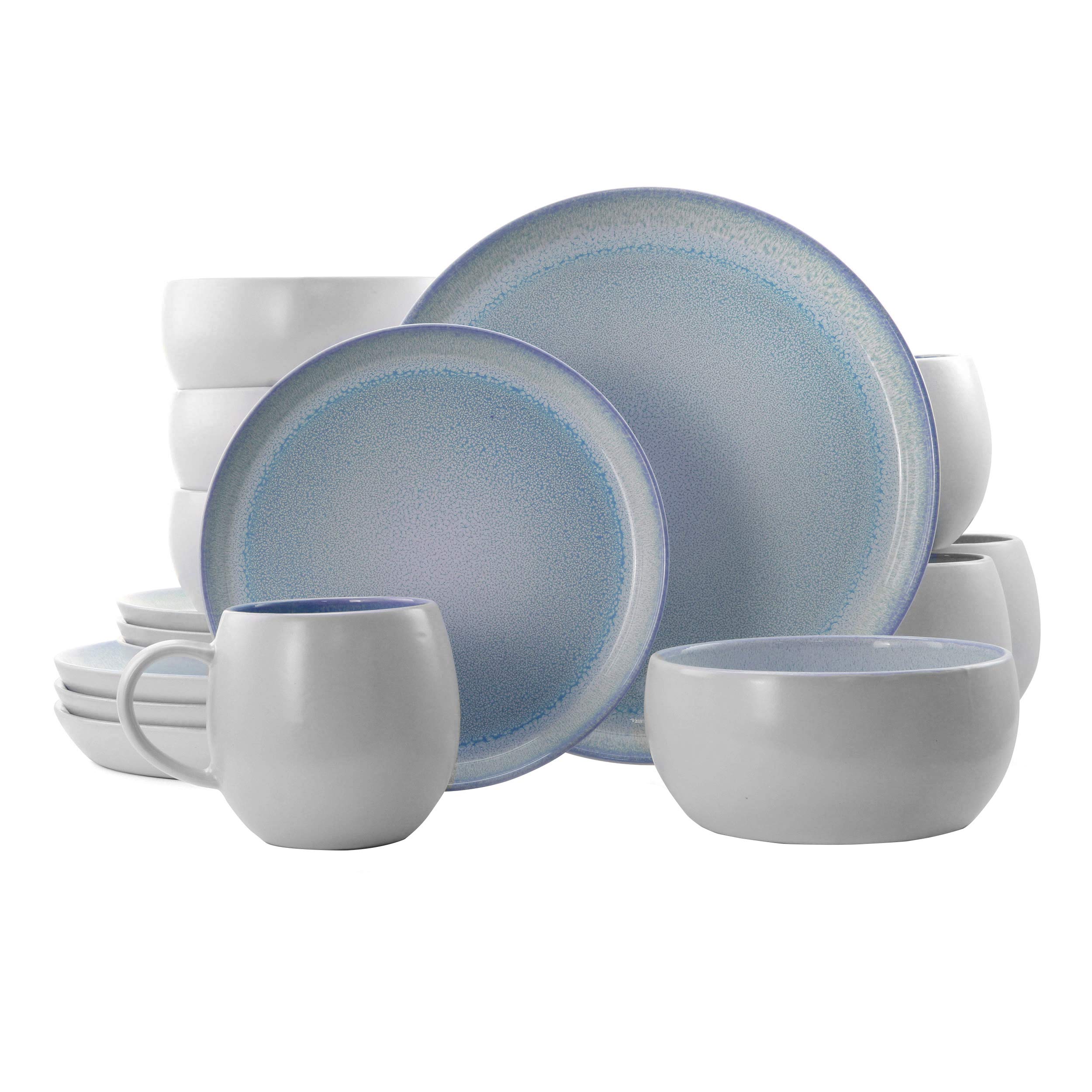 Elama Round Stoneware Mocha Collection Contemporary Dinnerware Set - 16 Piece Blue and White Porcelain Plates, Bowls & Mugs - Perfect for Modern Dining, Entertaining & Everyday Use