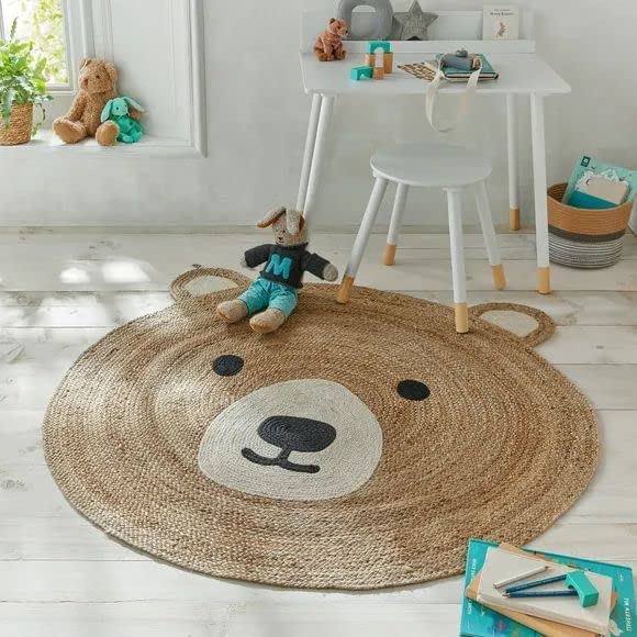 Hand Woven Jute Round Area Rug - 6ft Braided Farmhouse Rug with Teddy Bear Pattern for Living Room, Kitchen, Kids Room | Eco-Friendly & Decorative Floor Mat for Cozy Home Decor