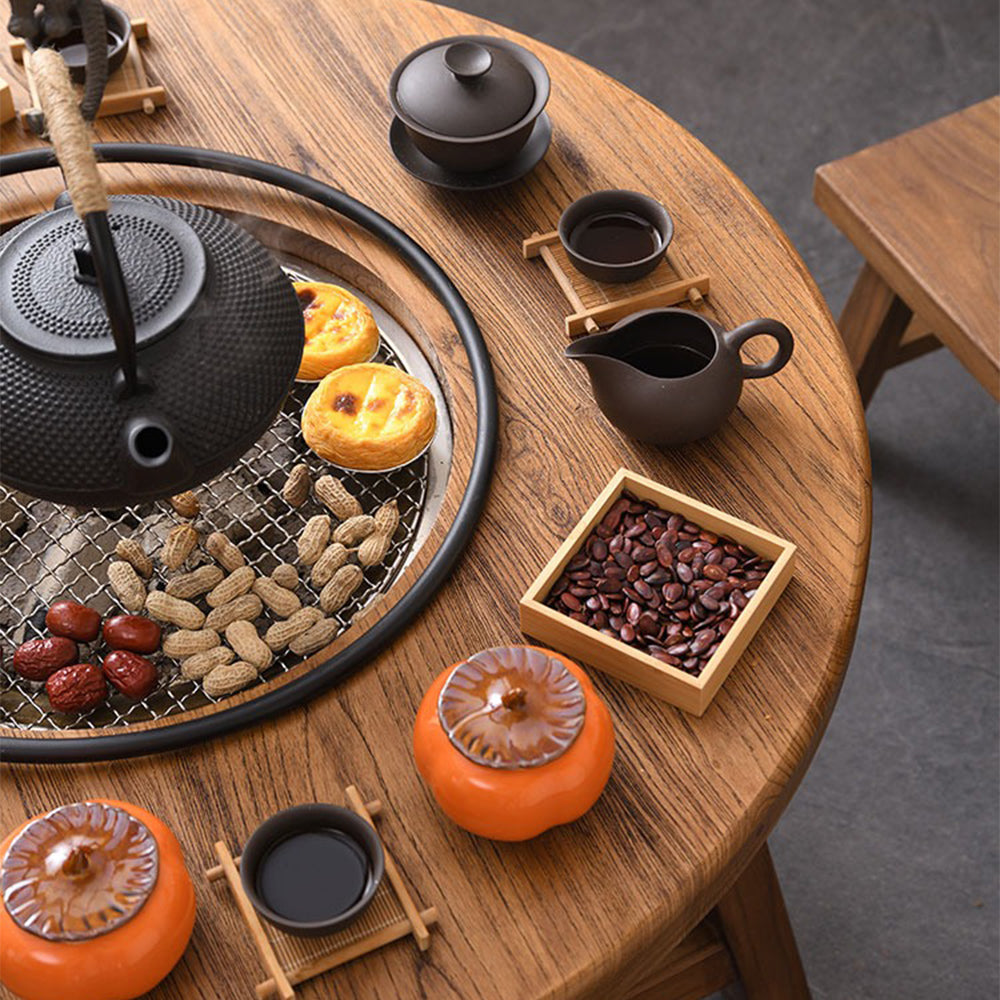Elm Wood Round Tea Table with Built-in Electric Stove - Rustic Coffee Table for Living Room, Perfect for Tea Parties and Cozy Gatherings