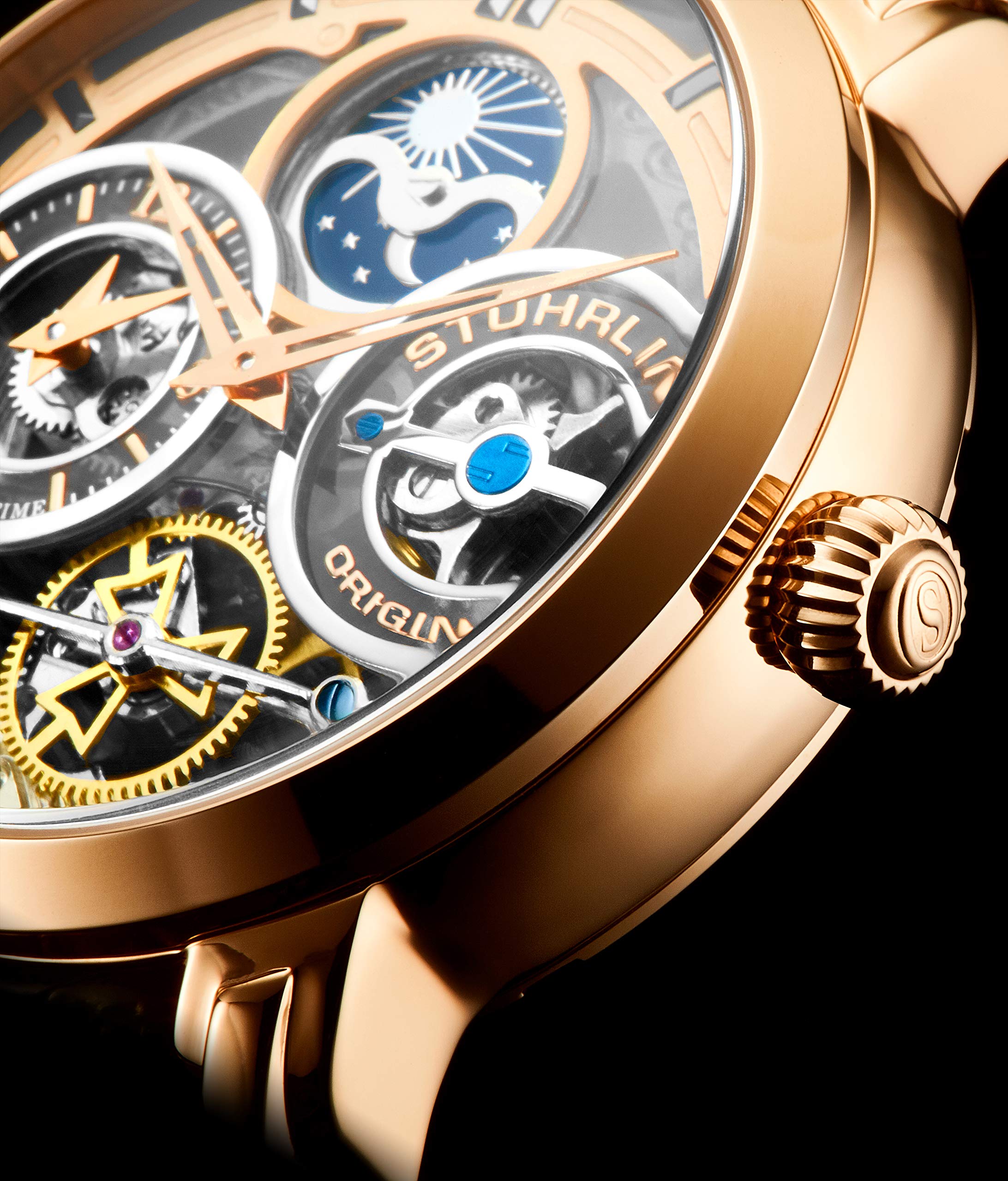 Stührling Original Men's Automatic Watch - Stainless Steel, Silver Skeleton Dial, Dual Time, AM/PM Sun Moon Display, with Steel Bracelet - 371B Series | Perfect for Business, Formal Occasions & Watch Collectors