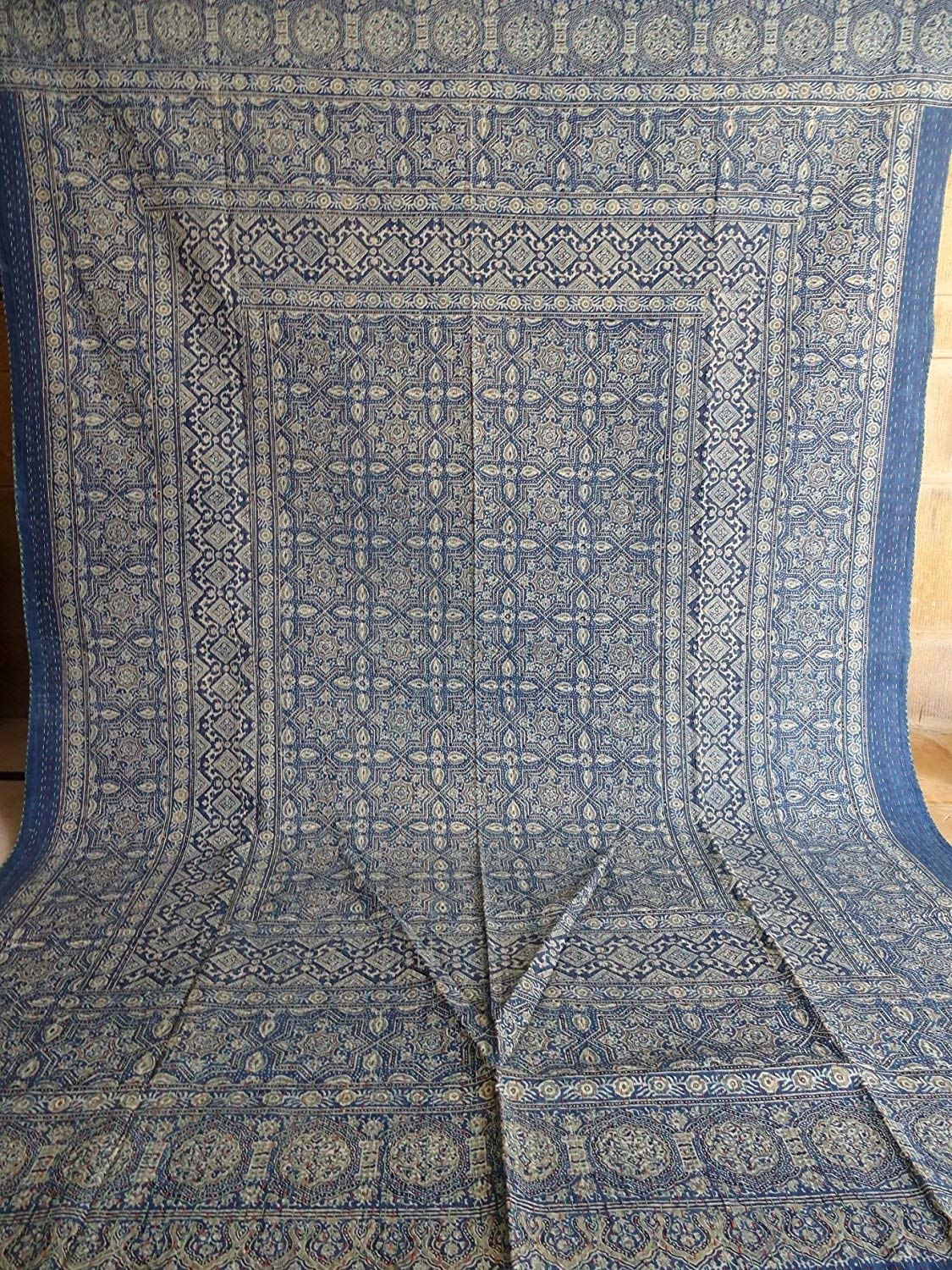 Handmade Indian Ajrakh Kantha Quilt - Reversible Cotton Bedspread, Throw Blanket & Gudri Quilt | Traditional Sari Patchwork Design for Bedroom Decor, Sofa Cover & Cozy Home Use