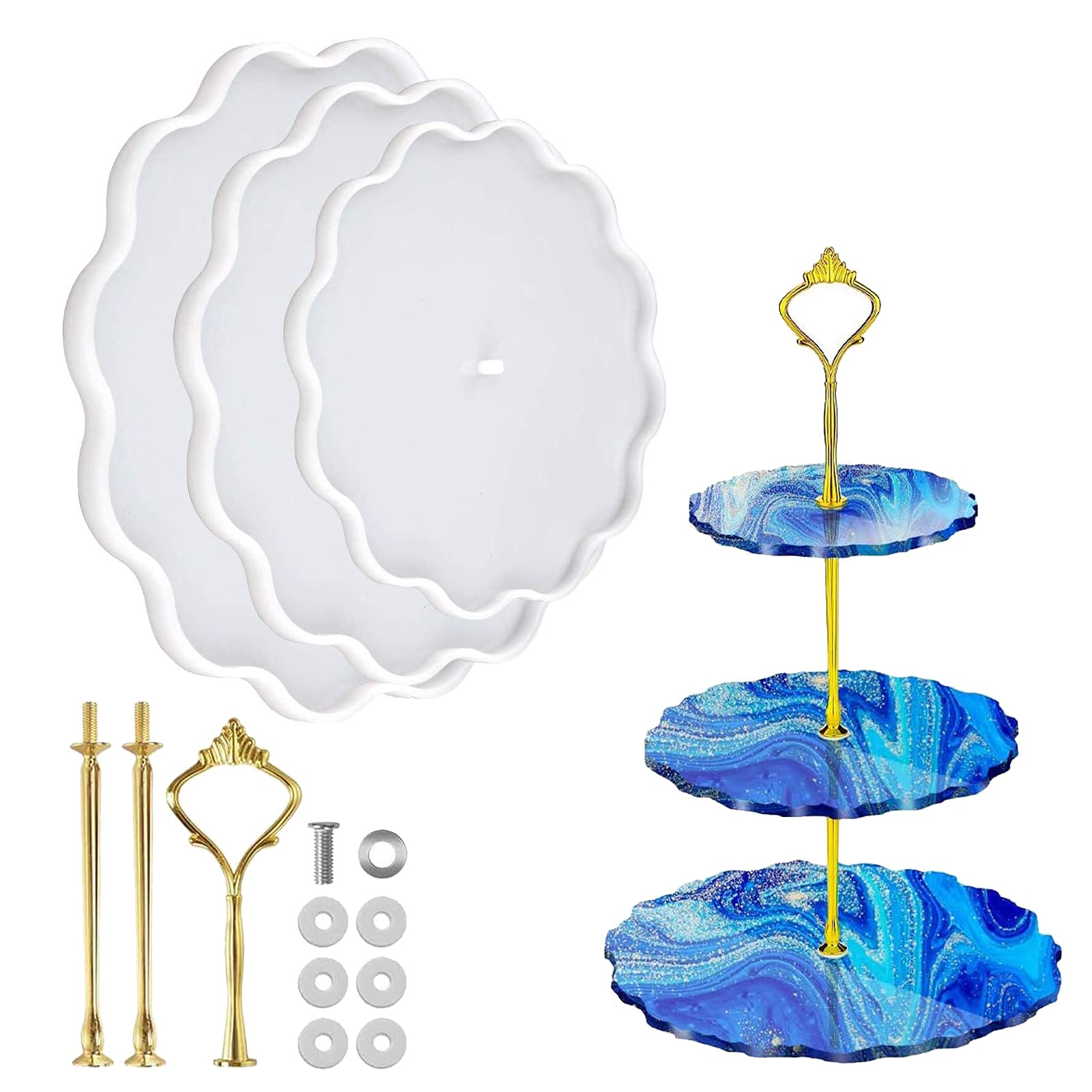 3 Tier Silicone Cake Stand Mold for Resin Art - Epoxy Resin Cake Tray with Golden Brackets (3-Piece Set) - Perfect for Wedding Cakes, Birthday Desserts & DIY Resin Crafts