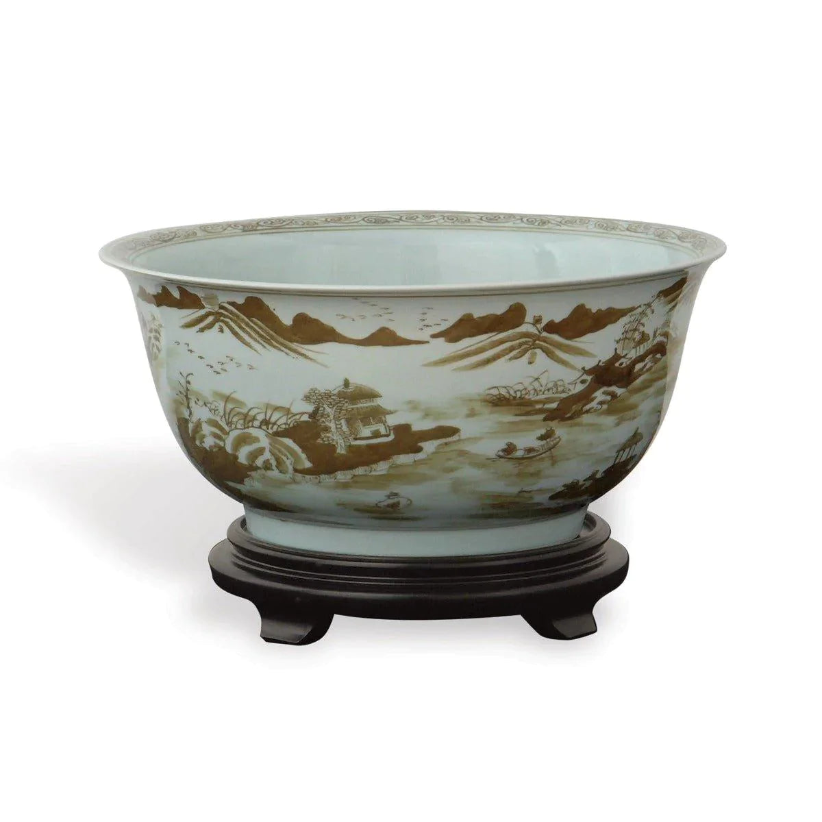 Exquisite Brown on White Porcelain Bowl with Asian Pastoral Design - Elegant Tableware for Asian Cuisine, Home Decor & Gift Giving