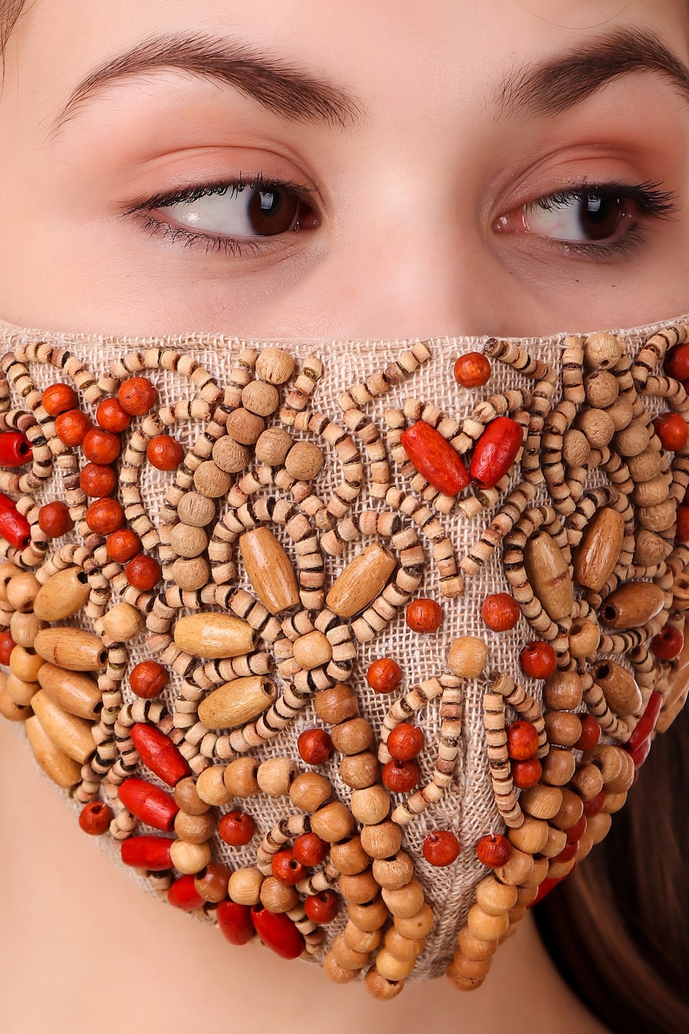 Handmade Wooden Bead Embroidered Jute Face Mask - Natural & Breathable for Yoga, Meditation & Outdoor Activities