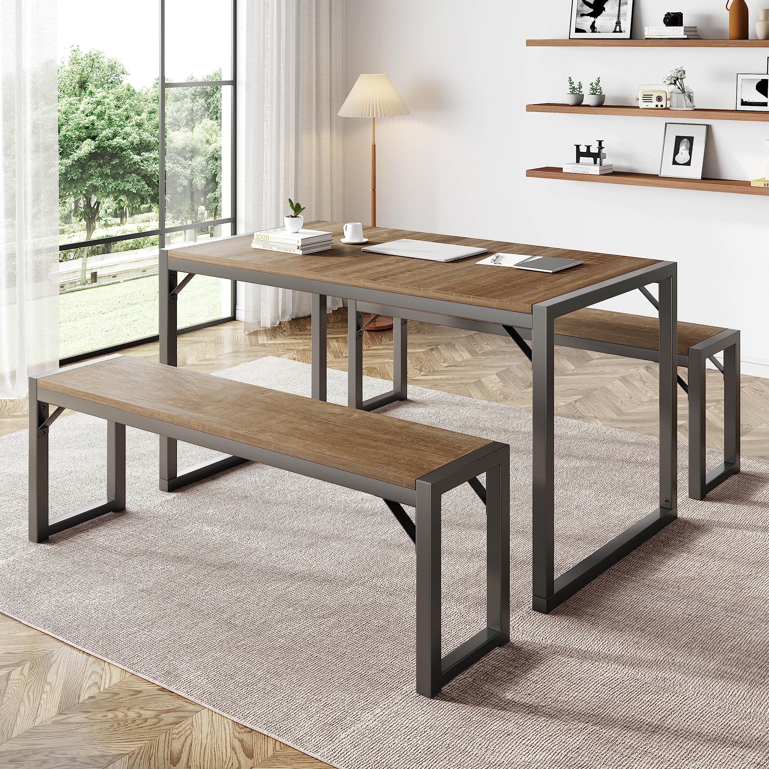 IMUsee 47.2 Inch 3-Piece Dining Table Set for 4 with Benches - Heavy Duty Metal Frame, Space Saving Kitchen Dinette Set with Wood Tabletop & Gray Legs - Perfect for Small Apartments, Breakfast Nooks and Cozy Dining Areas