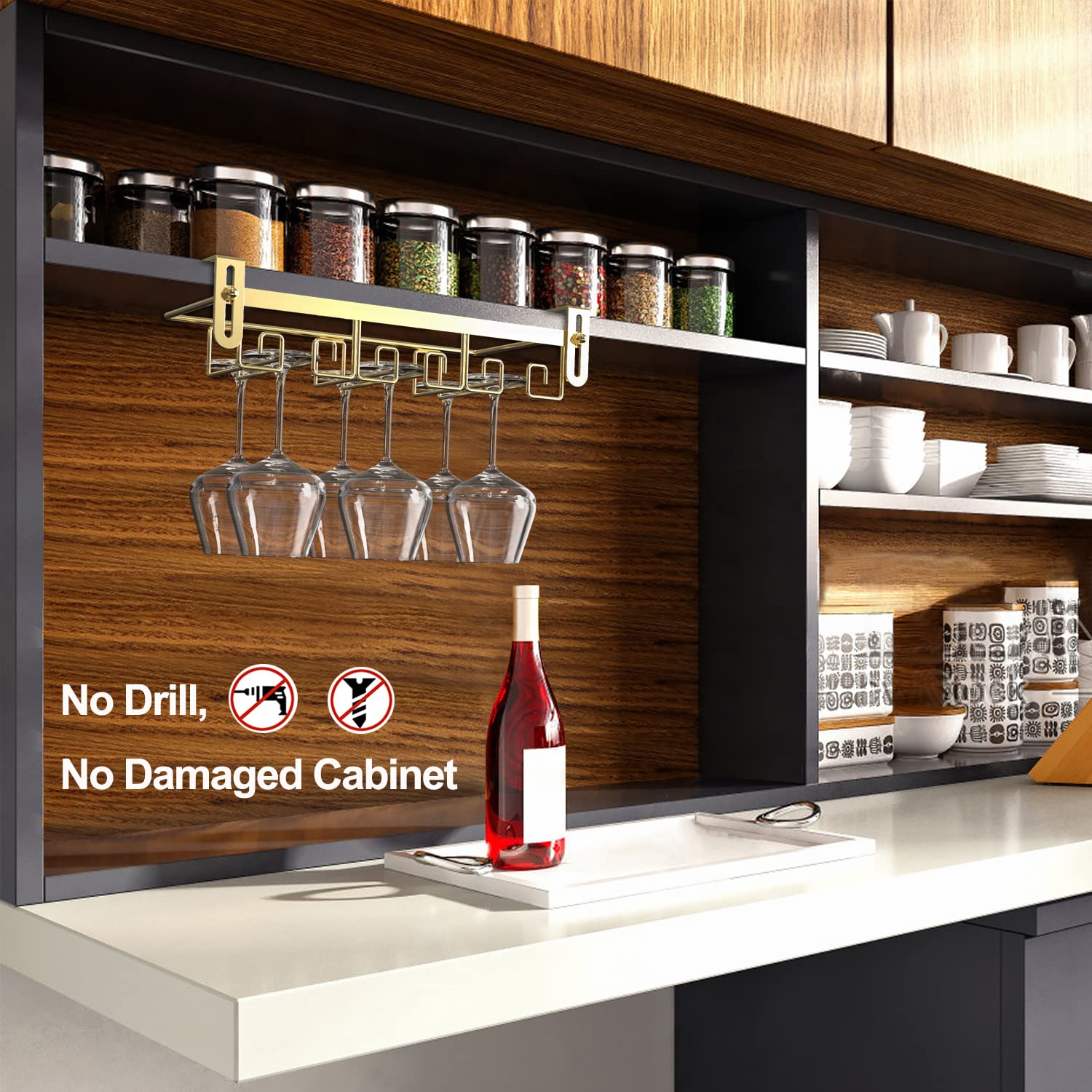 Gold Under Cabinet Wine Glass Rack - Stemware Holder for Kitchen Shelves & Bars - Space-Saving Wine Glass Hanger for Organized Storage & Easy Access
