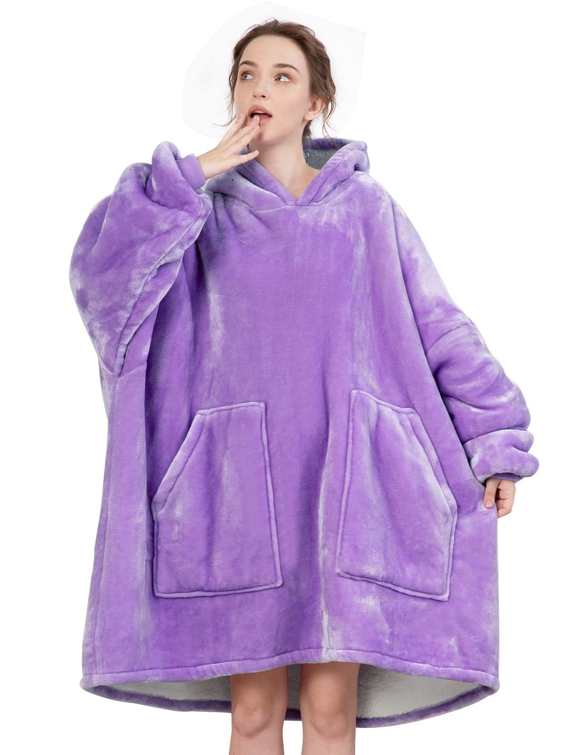 **Oversized Wearable Blanket Hoodie - Sherpa Fleece, Soft & Warm Hooded Sweatshirt for Women, Men, Teens - Light Purple - Perfect for Lounging, Netflix, Camping & Cold Weather**