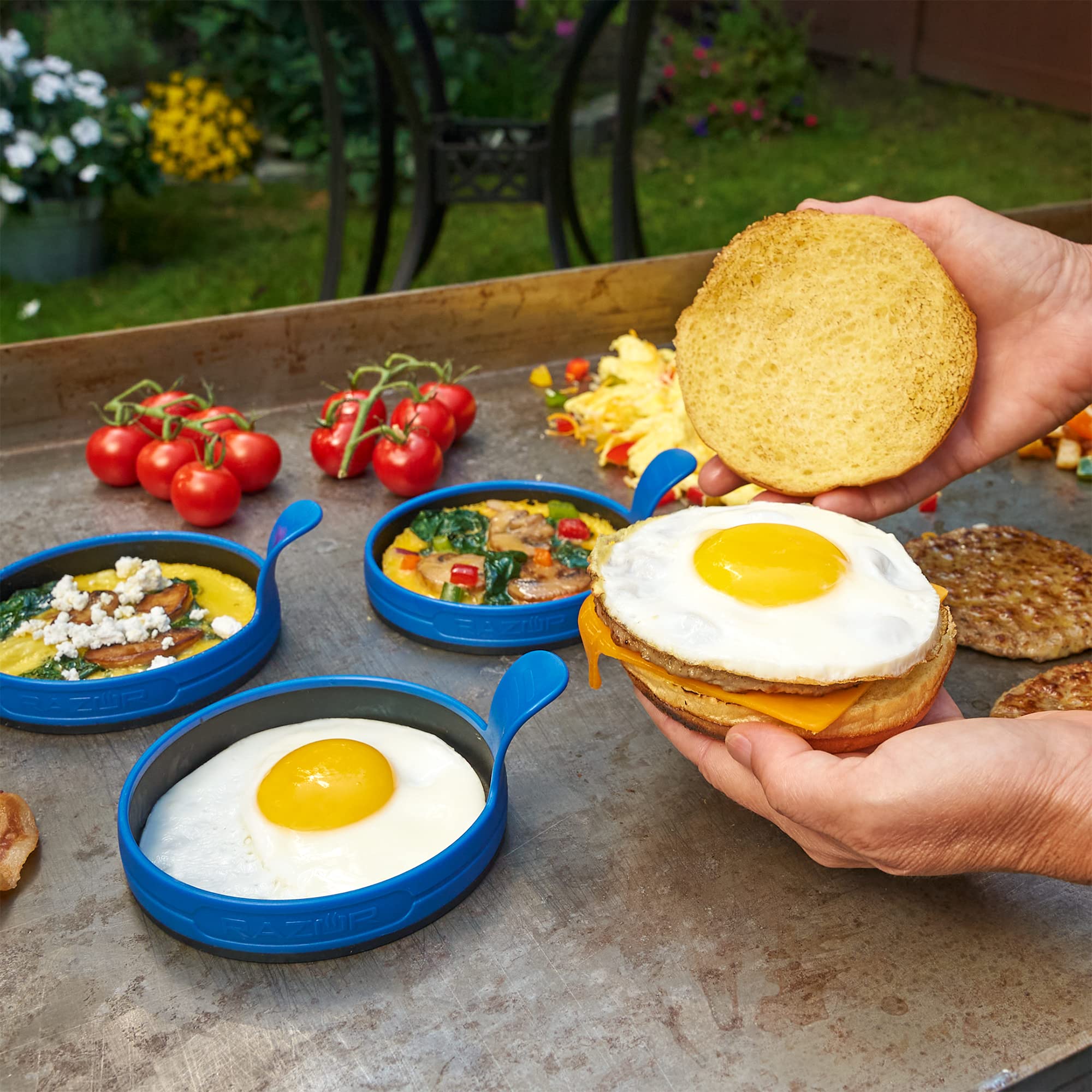 RAZOR 4-Piece Breakfast Kit for Griddle - Pancake Batter Dispenser, 2 Silicone Egg Rings & Cast Iron Griddle Press | Perfect for Camping, RV Trips & Outdoor Cooking | Non-Stick & Durable Cooking Accessories