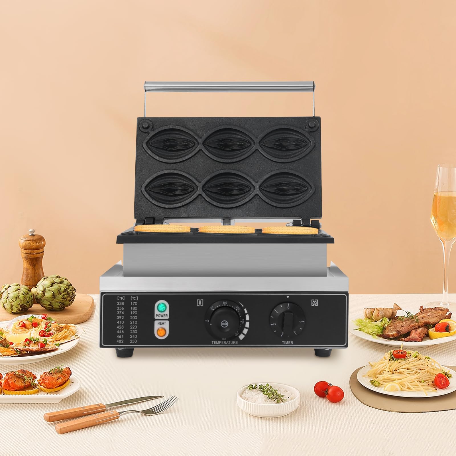 Commercial Electric Abalone Waffle Maker - 110V 1.55KW Belgian Waffle Iron with 6 Nonstick Molds, Timer & Temperature Control - Fast 4-5 Minute Waffles for Breakfast, Cafes, Restaurants & Home Use