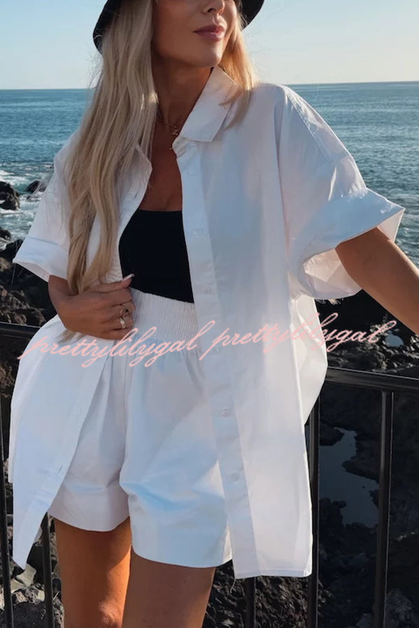 Women's Summer Casual Loose Short Sleeve Shirt & Elastic High Waist Shorts Set - Comfortable Outfit for Beach Vacation, Streetwear and Daily Wear