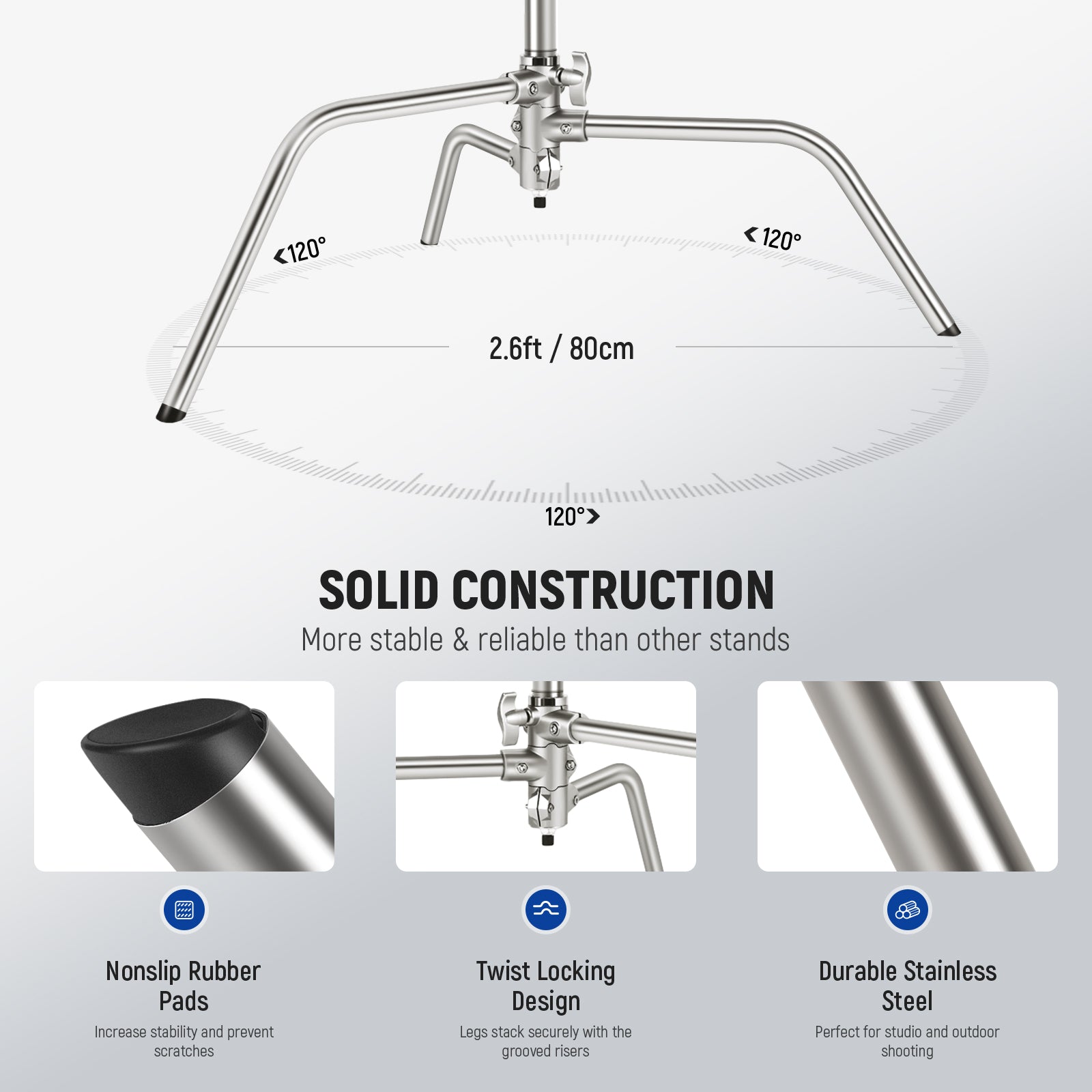 NEEWER SC172 172cm Heavy Duty Stainless Steel C Stand for Photography, Video Lighting & Studio Equipment Support