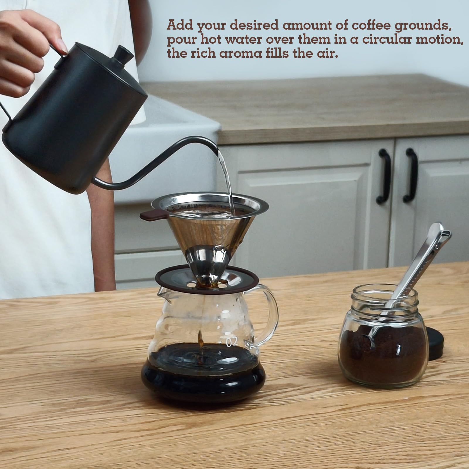 Stainless Steel Pour Over Coffee Maker with Reusable Filter - Drip Cone Brewer for 3-4 Cups, Non-Slip Handle & Rubber Ring - Perfect for Home, Office & Camping Coffee Brewing