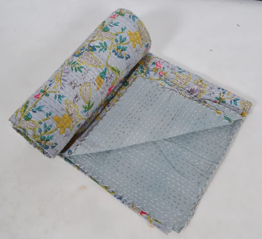 Handmade Indian Kantha Quilt - Traditional Cotton Block Print Blanket | Super Soft Throw & Bedspread for Twin Bed (90