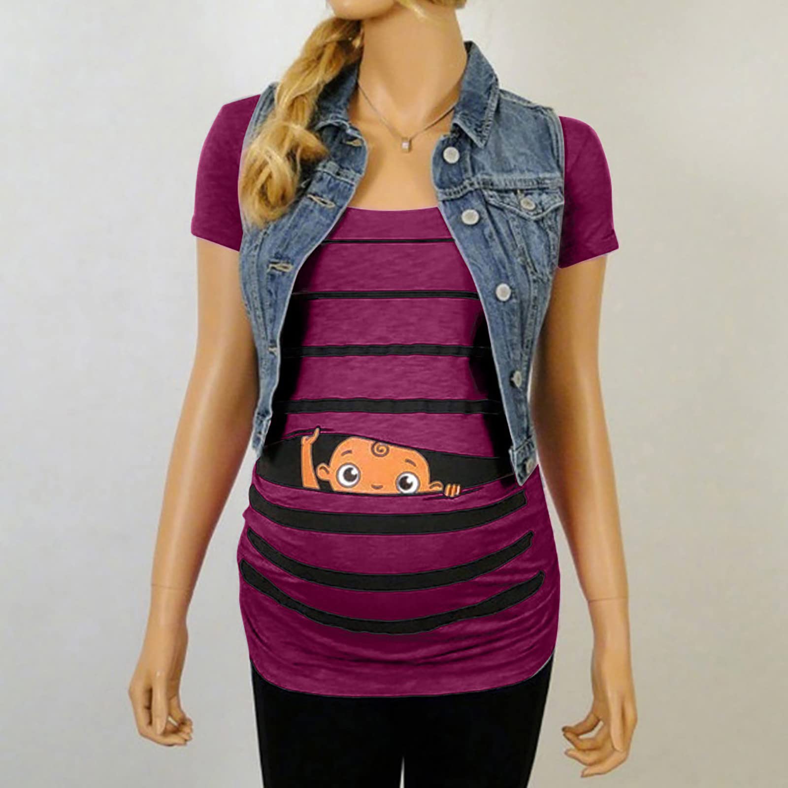 Funny Maternity T-Shirt with Baby Print & Stripes - Cute Short Sleeve Pregnancy Top for Women | Perfect for Baby Showers, Maternity Photos & Casual Wear