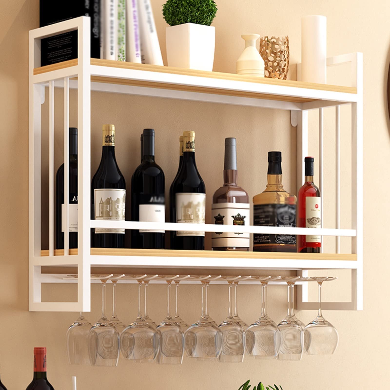 Premium Gold Wall-Mounted Wine Glass Rack - 2-Tier Floating Shelf for Wine Bottles & Glasses Storage | Ceiling Mounted Decorative Display for Kitchen, Bar, Dining Room | Multi-Purpose Hanging Organizer for Plants & Home Decor