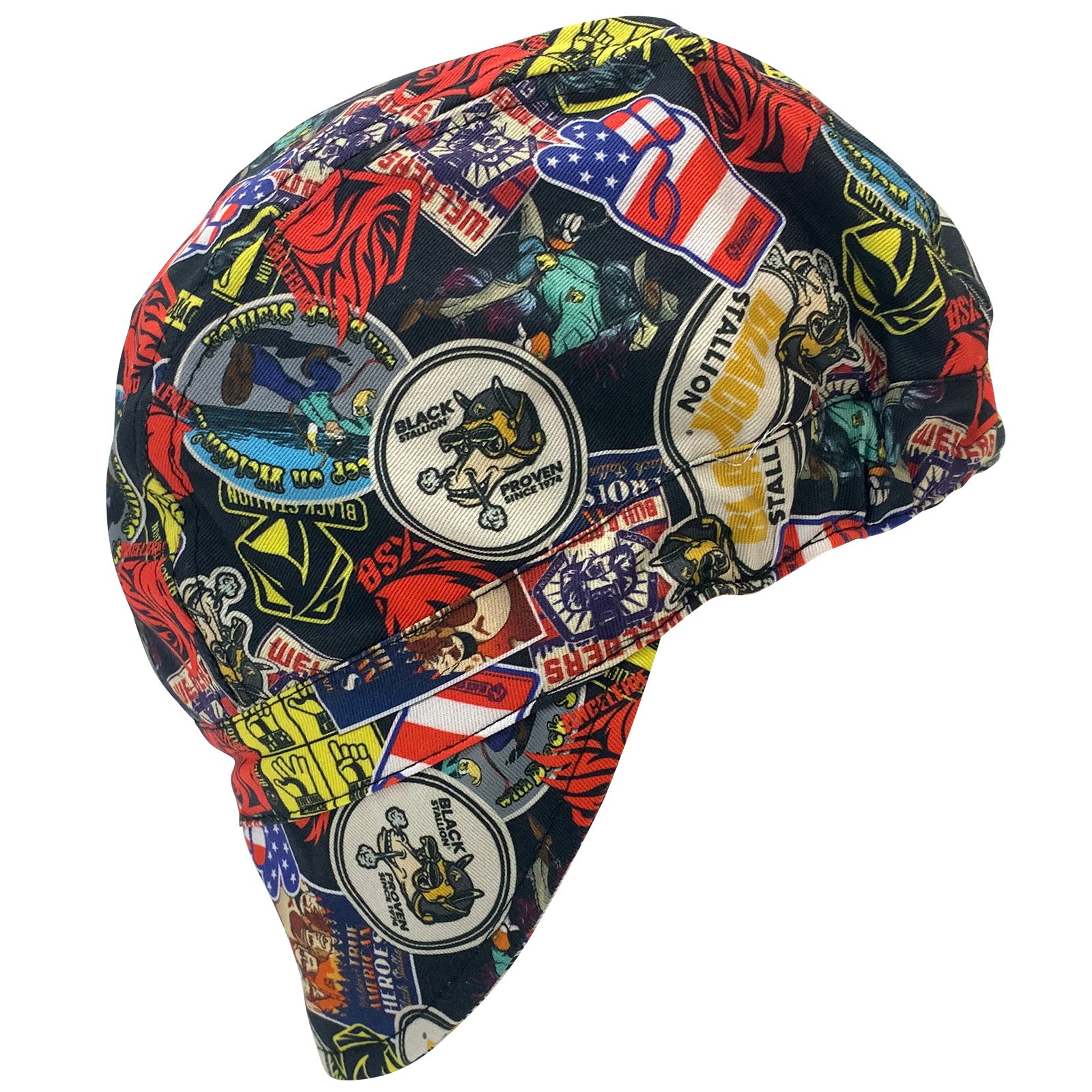 Black Stallion Sticker Collage Cotton Welding Cap & Beanie - Durable Work Hat for Welders, Construction & Outdoor Activities - Perfect for Workshops, DIY Projects & Safety Protection