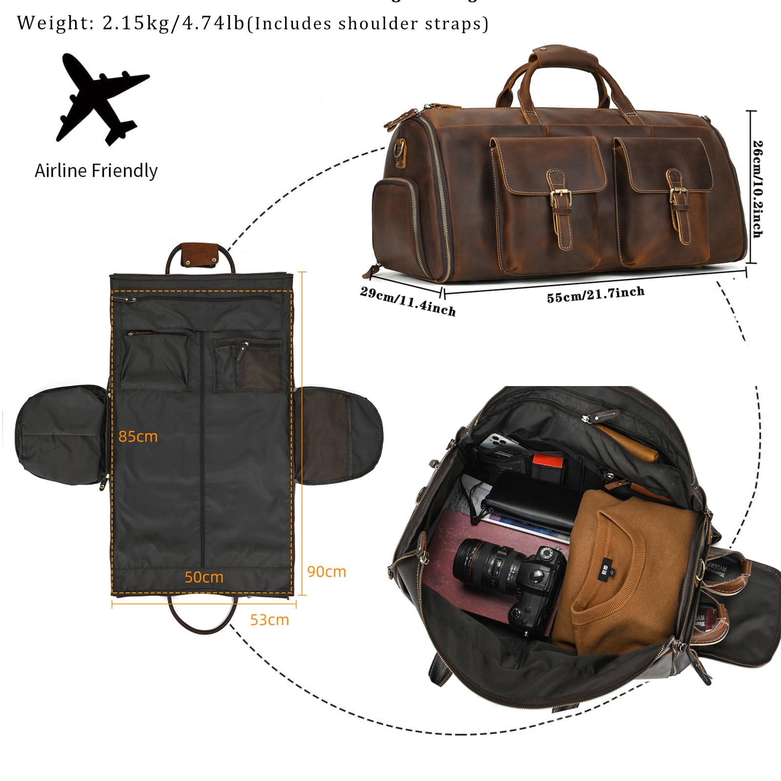 Premium Men's Leather Garment Bag - Convertible Carry-On Duffel & Weekender Travel Bag (2-in-1 Hanging Suitcase) - Coffee Brown 2203 - Perfect for Business Trips, Weddings & Formal Travel