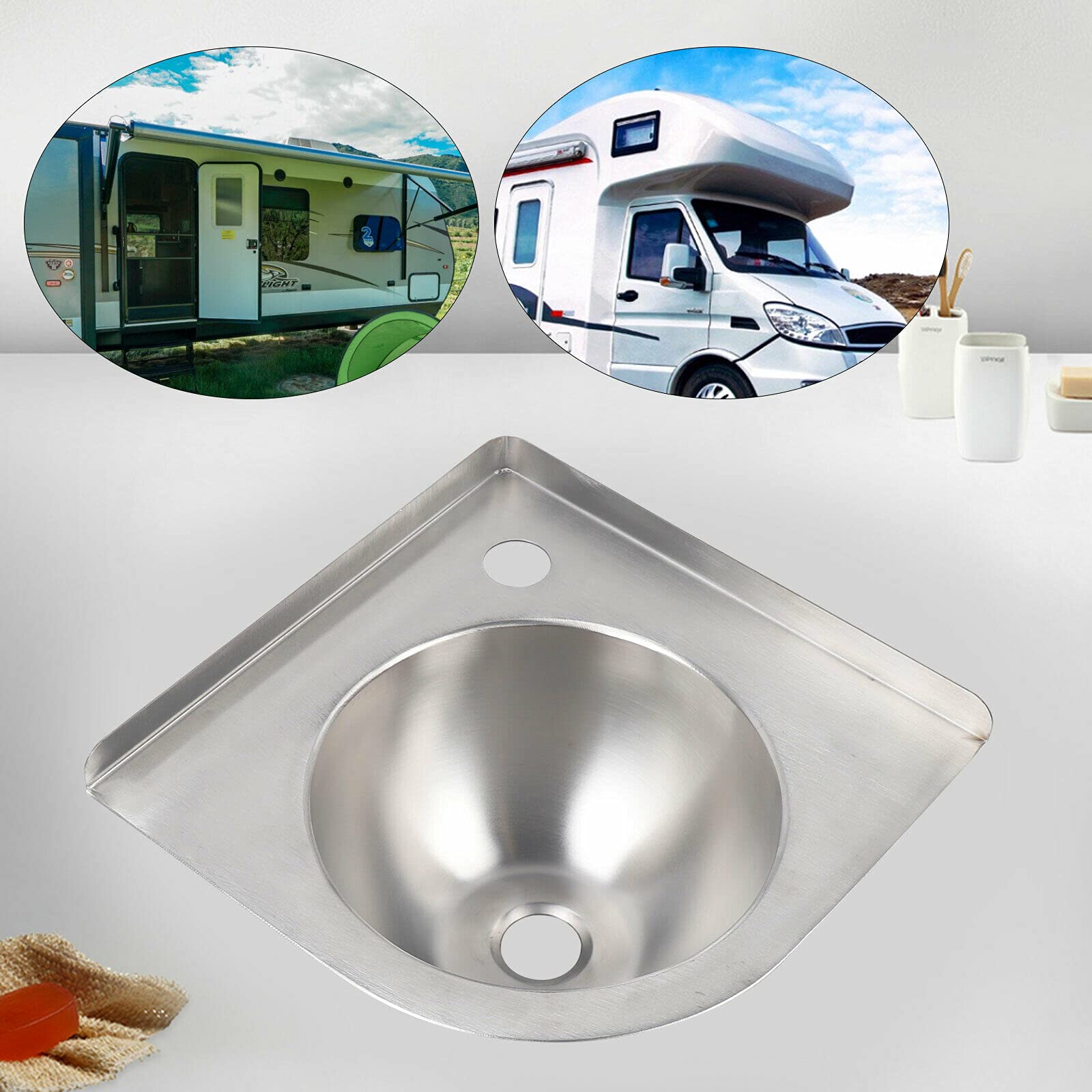 **Stainless Steel RV Bathroom Corner Sink - Small Triangle Sink for RV, Boat & Camper Van with Down Pipe | Compact Wash Basin for Space-Saving Toilet Vanity | Perfect for Tiny Homes & Mobile Living**