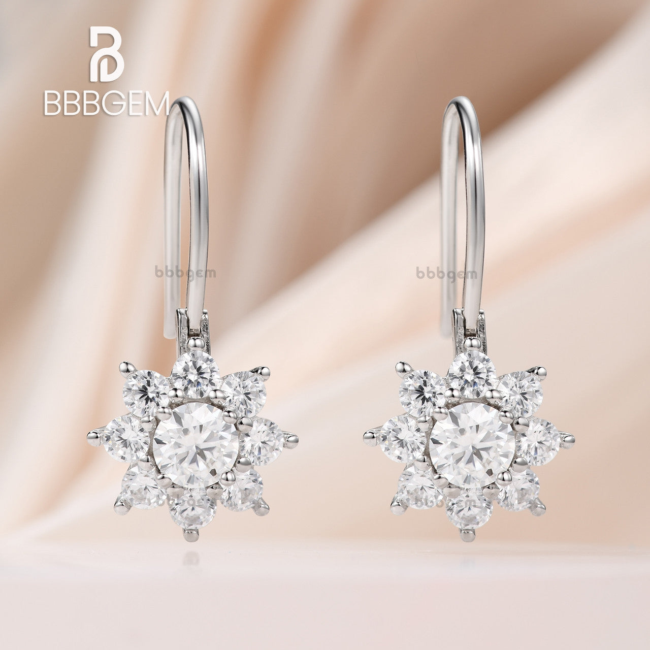 Hook Dangle Earrings for Women - Halo Moissanite Flower Cluster Sunflower Drop Earrings | Round Moissanite Jewelry Gift for Her | Perfect for Weddings, Parties & Special Occasions