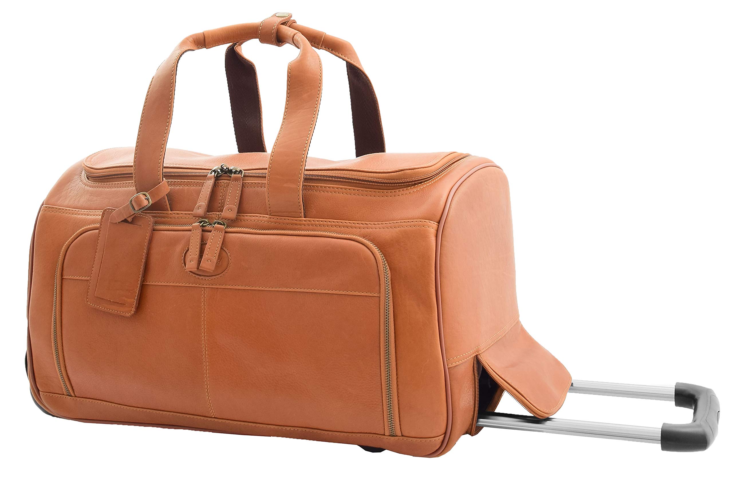 Premium Genuine Tan Leather Wheeled Travel Duffle Bag with Telescopic Handle - Ozwald Collection (Large, Tan) - Perfect for Business Trips, Weekend Getaways & Air Travel Luggage