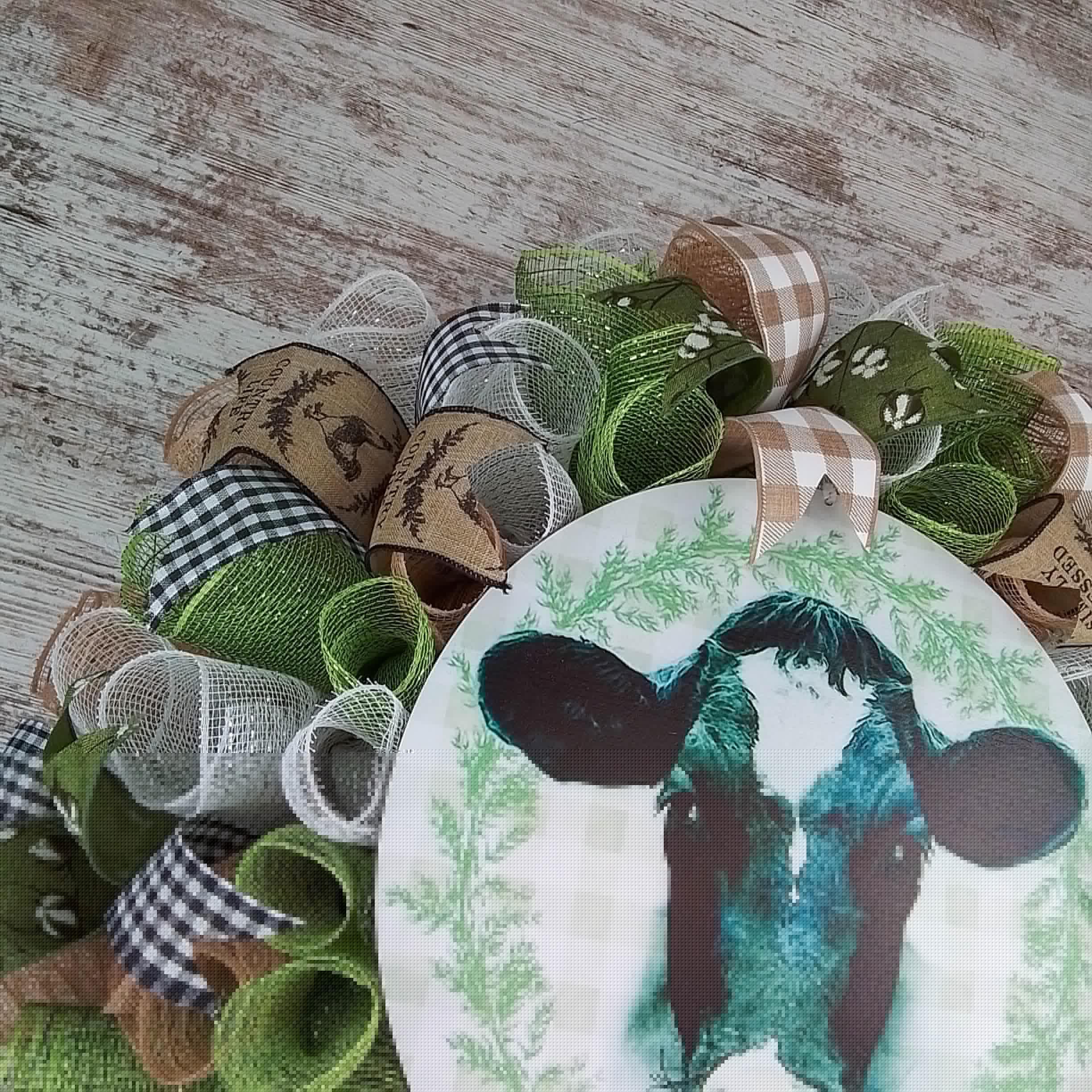 Farmhouse Cow Wreath - Rustic Black White Green Decor for Front Door - Perfect Year Round Wreath for Birthday Gift, Housewarming & Farmhouse Style Home Decor (Kitchen, Living Room, Porch)