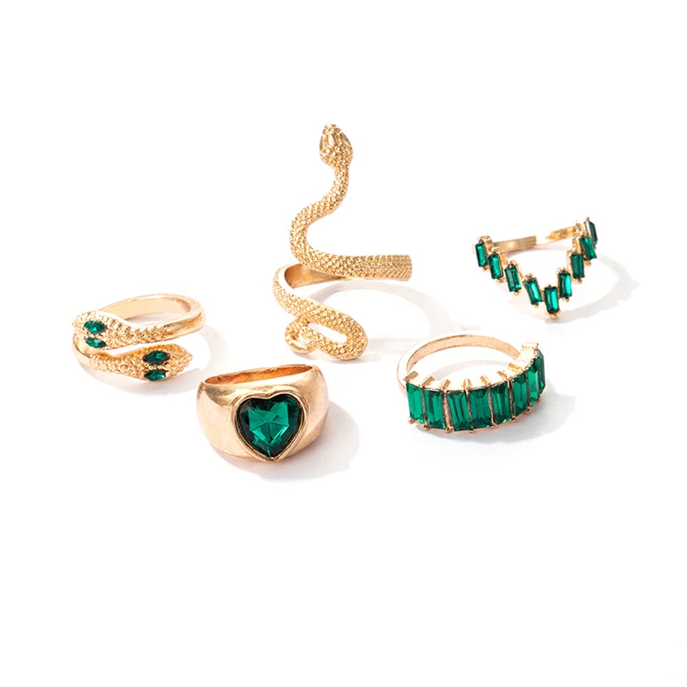 Gold Snake Ring with Green Crystal - Stackable Knuckle Ring Set for Women, Chunky Heart Rings for Girls | Perfect for Layering, Boho Jewelry, and Everyday Wear