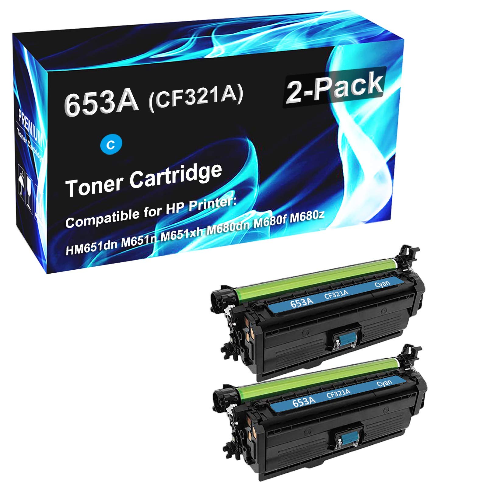 2 Pack High Yield 653A CF321A Compatible Toner Cartridge for HP Pro M651dn/M651n/M651xh/M680dn/M680f/M680z Laser Printers - Cyan Ink Replacement for Office & Home Printing Needs