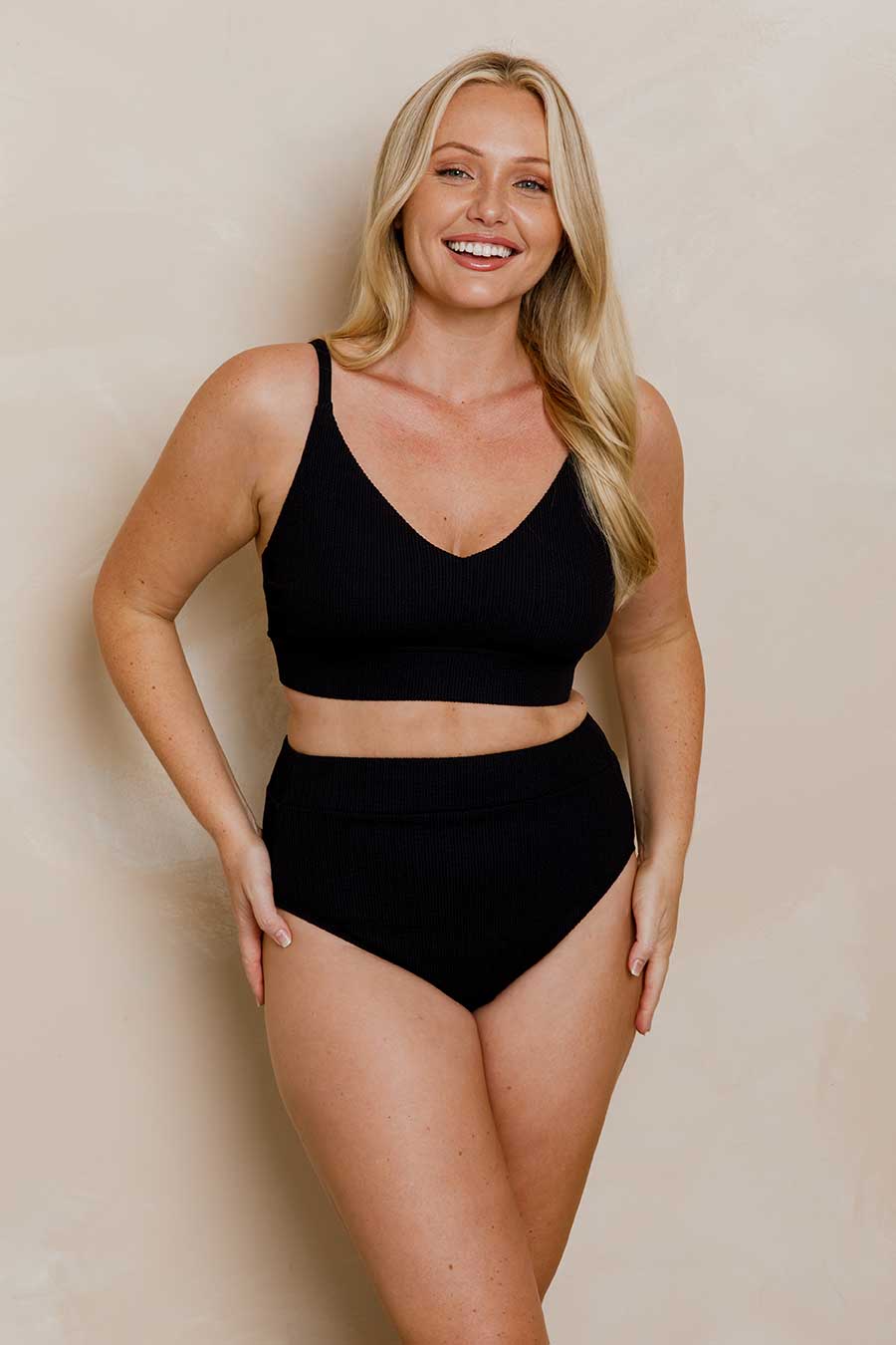 Byron High Waisted Bikini Bottom - Black Textured Swimwear for Women | Beach, Pool & Summer Vacation Essentials
