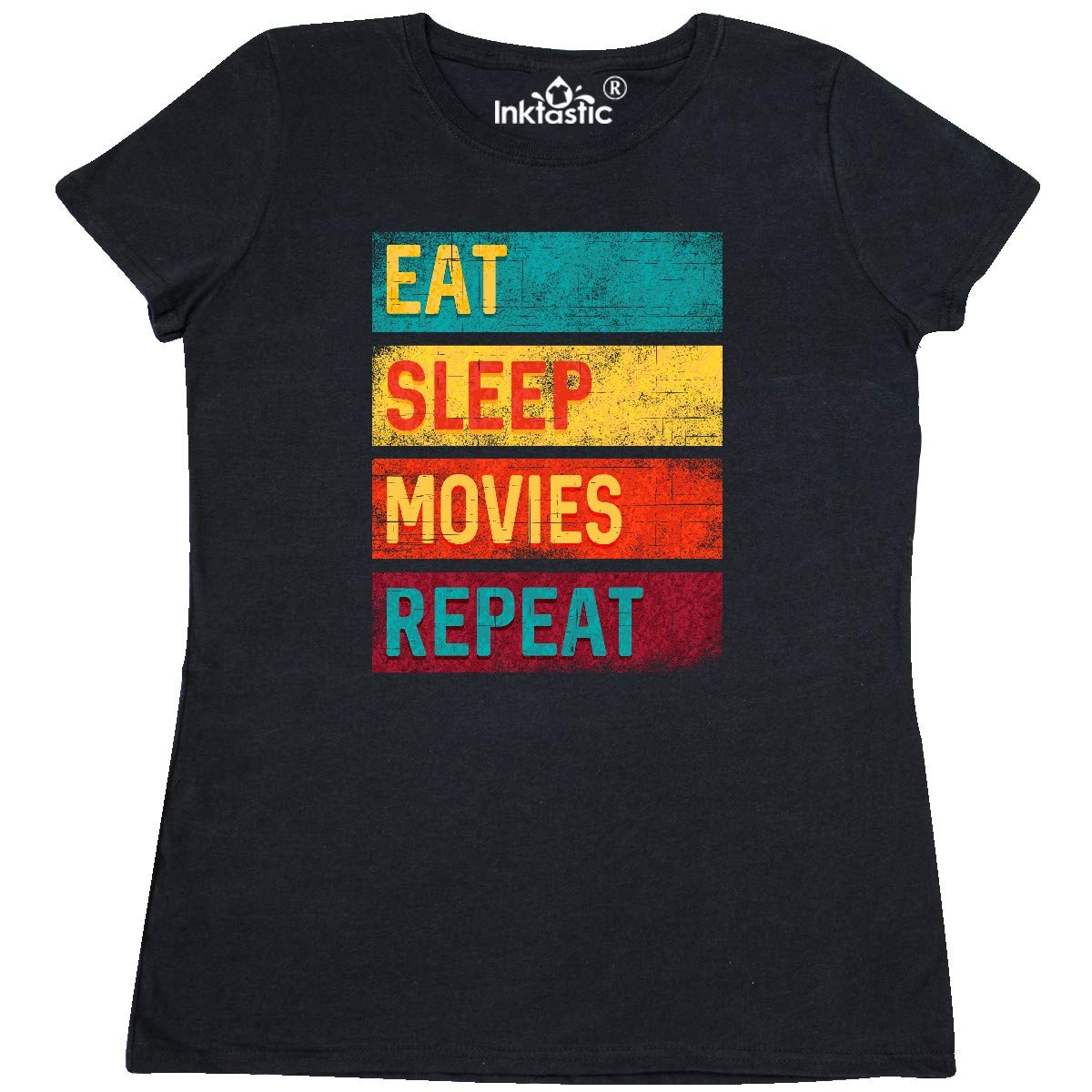 Inktastic Eat Sleep Movies Repeat Women's T-Shirt - Comfortable Cotton Tee for Movie Lovers - Perfect for Casual Wear, Movie Nights & Gifts