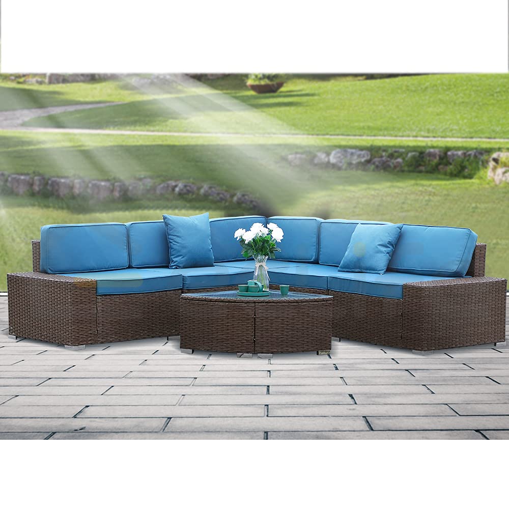 6-Piece Outdoor Patio Furniture Set - PE Rattan Wicker Sectional Sofa with Removable Cushions & Glass Coffee Table - Blue-Black Conversation Set for Garden, Poolside & Backyard Relaxation