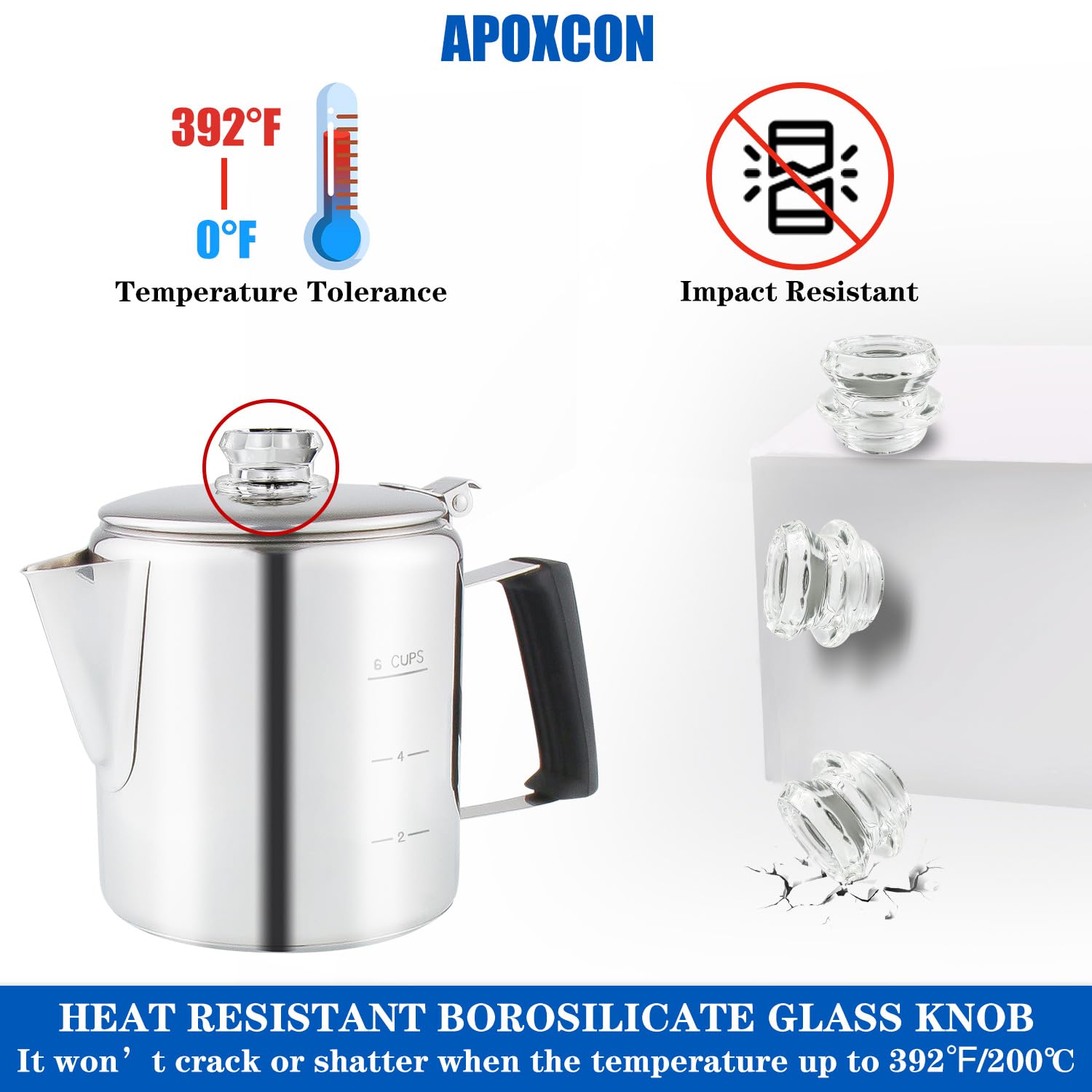 Premium Stainless Steel Stove Top Percolator Coffee Maker - 6 Cup Camping Coffee Pot with Borosilicate Glass Knob & Heat-Resistant Handle for Campfire, Induction Cooker & Home Use - Durable Multi-Use Coffee Brewer for Outdoor Adventures & Daily Brewing