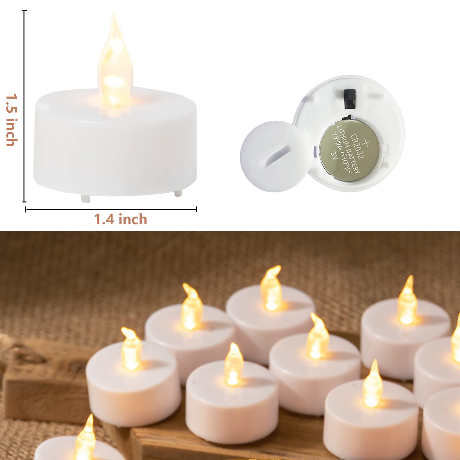 24 Pack LED Tea Lights - Battery Operated Flameless Candles with Realistic Flickering Effect, Warm Yellow Decorative Lights for Wedding, Party, Home Decor & Centerpieces