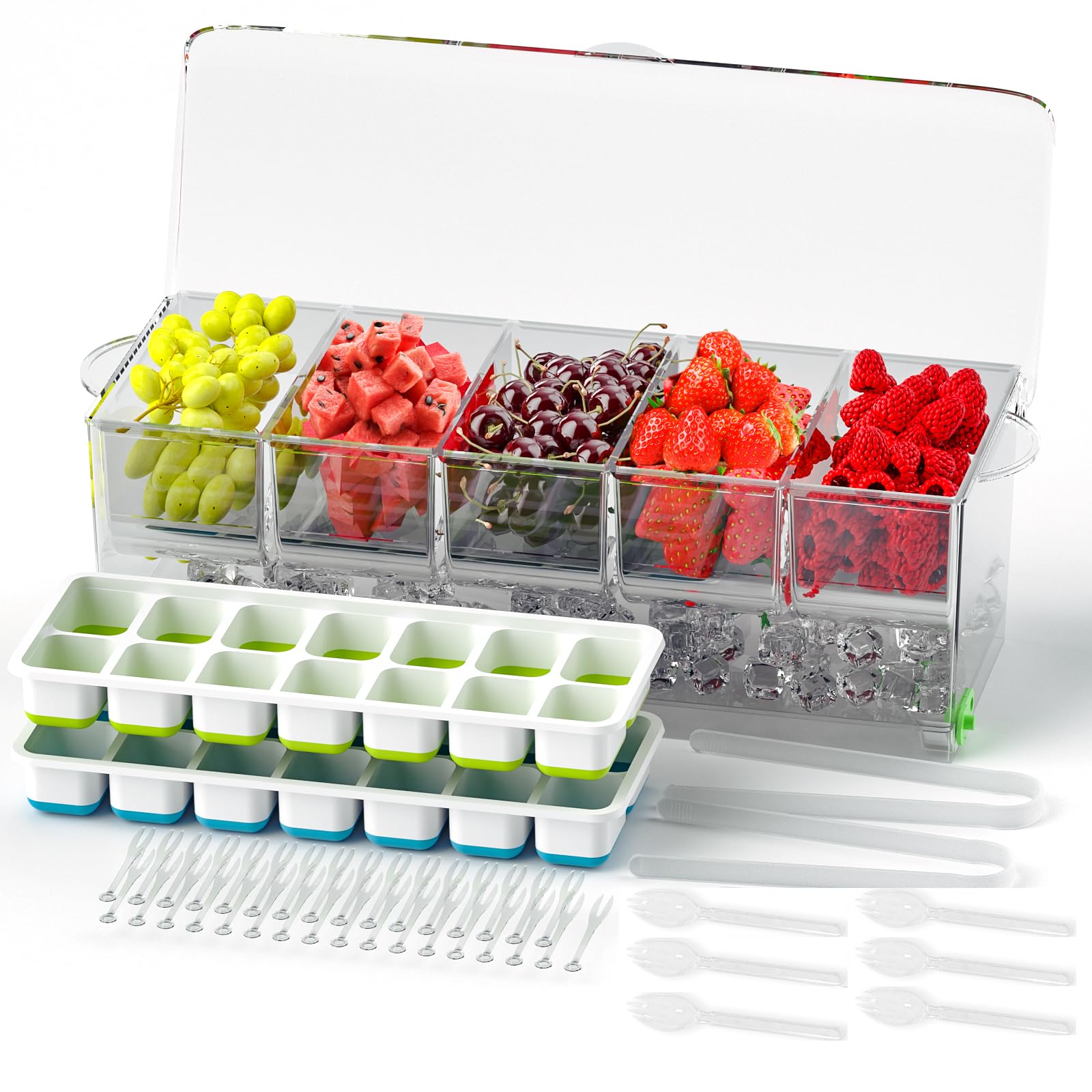 Dimber Chilled Condiment Server with Lid - Ice Cube Tray, 500 Forks, 2 Tongs & 6 Spoons - Versatile Condiment Caddy with Lids for Salad Bars, Mimosa Bars, Fruit Trays & Outdoor Parties