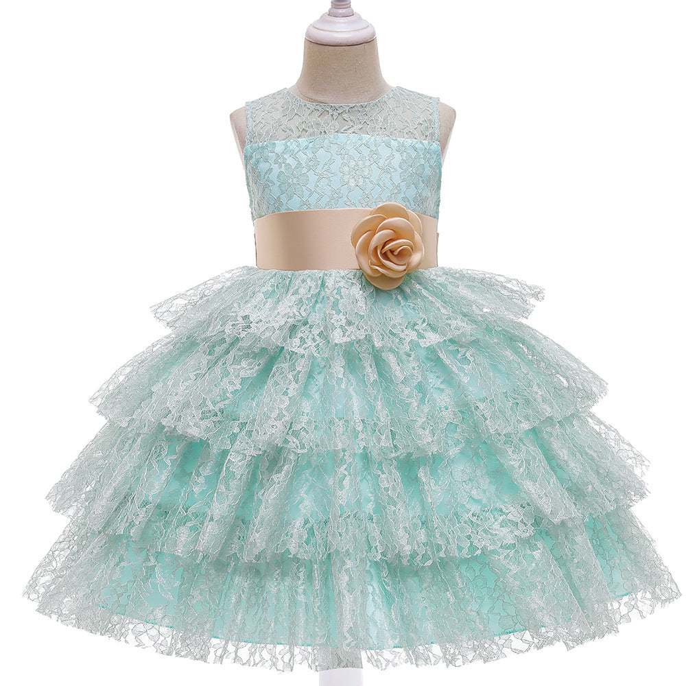 Elegant Princess Flower Girl Dress with Lace & Floral Embellishments - Perfect for Weddings, Pageants & Special Occasions